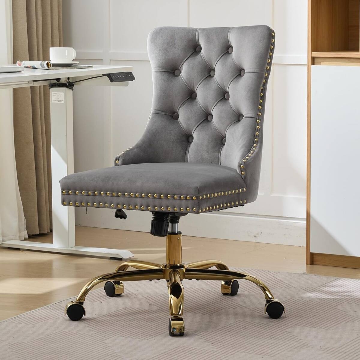 Angle. Halitaa - Velvet Tufted Vanity Chair with Gold Base - 360° Swivel Wheels & Wide Soft Comfortable Cushion,for Bedroom & Office - Gray.