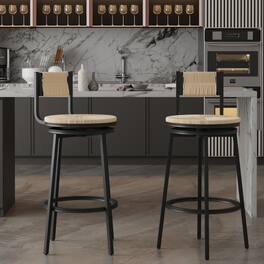Loheer - Bar Stools Swivel Counter Chairs Set of 2 Hand Woven Paper Rope Metal Frame Rustic Kitchen Stools - Creamy White