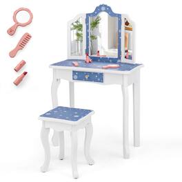 Costway - Kids Vanity Set Toddler Makeup Table & Stool with Tri-folding Mirror Drawer - Blue