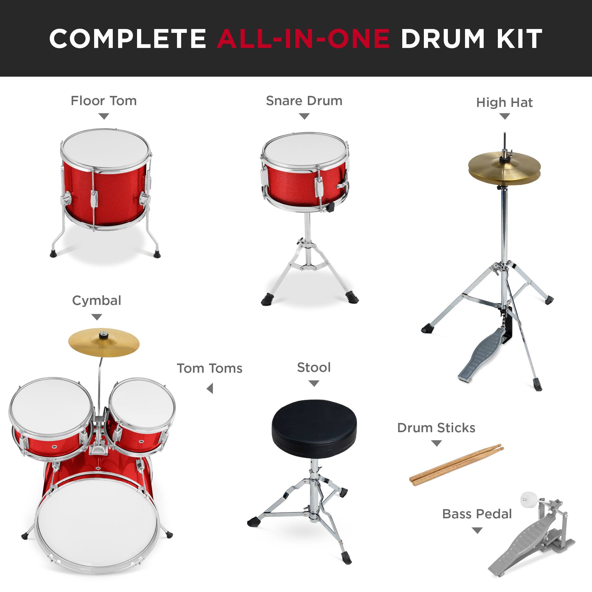 COMPLETE ALL-IN-ONE DRUM KIT

- Floor Tom
- Snare Drum
- High Hat
- Cymbal
- Tom Toms
- Stool
- Drum Sticks
- Bass Pedal