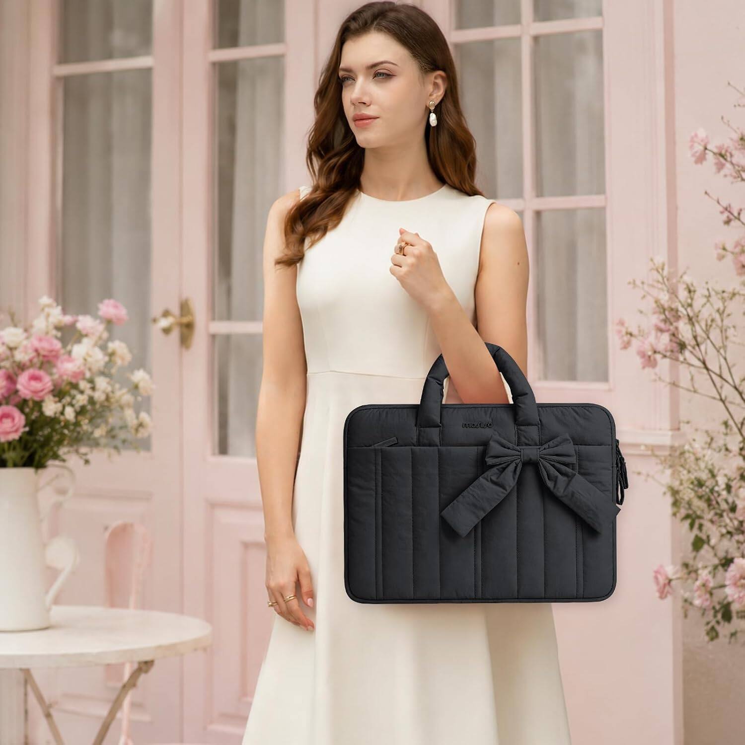 Left. mosiso - Puffy Laptop Sleeve 13-13.3 Inch, Laptop Carrying Case with Handle for MacBook Air Pro Neo 13 14 HP Dell ASUS Lenovo - Black.