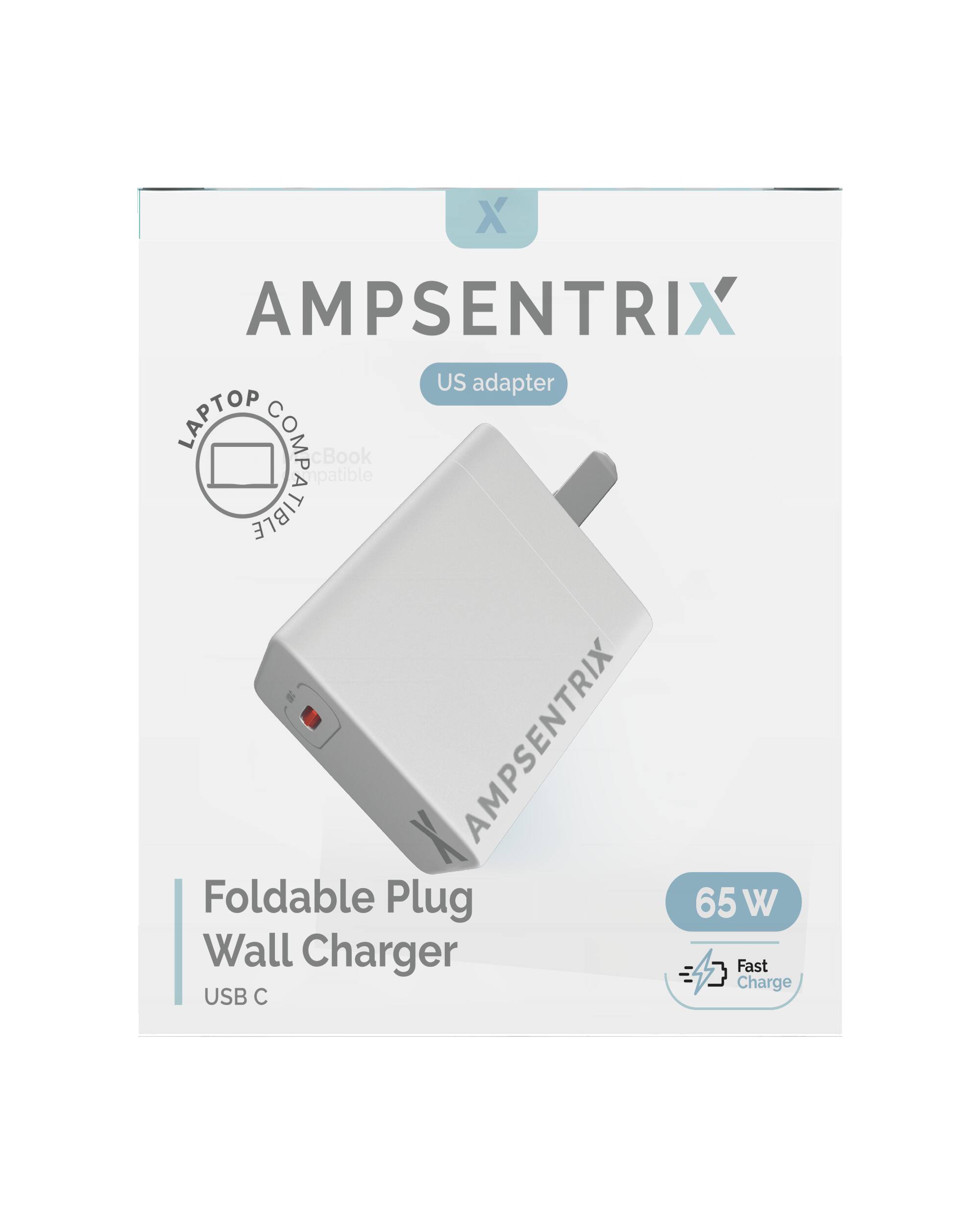 AMPSENTRIX US adapter  
LAPTOP COMPATIBLE  
Foldable Plug Wall Charger  
USB C  
65 W  
Fast Charge