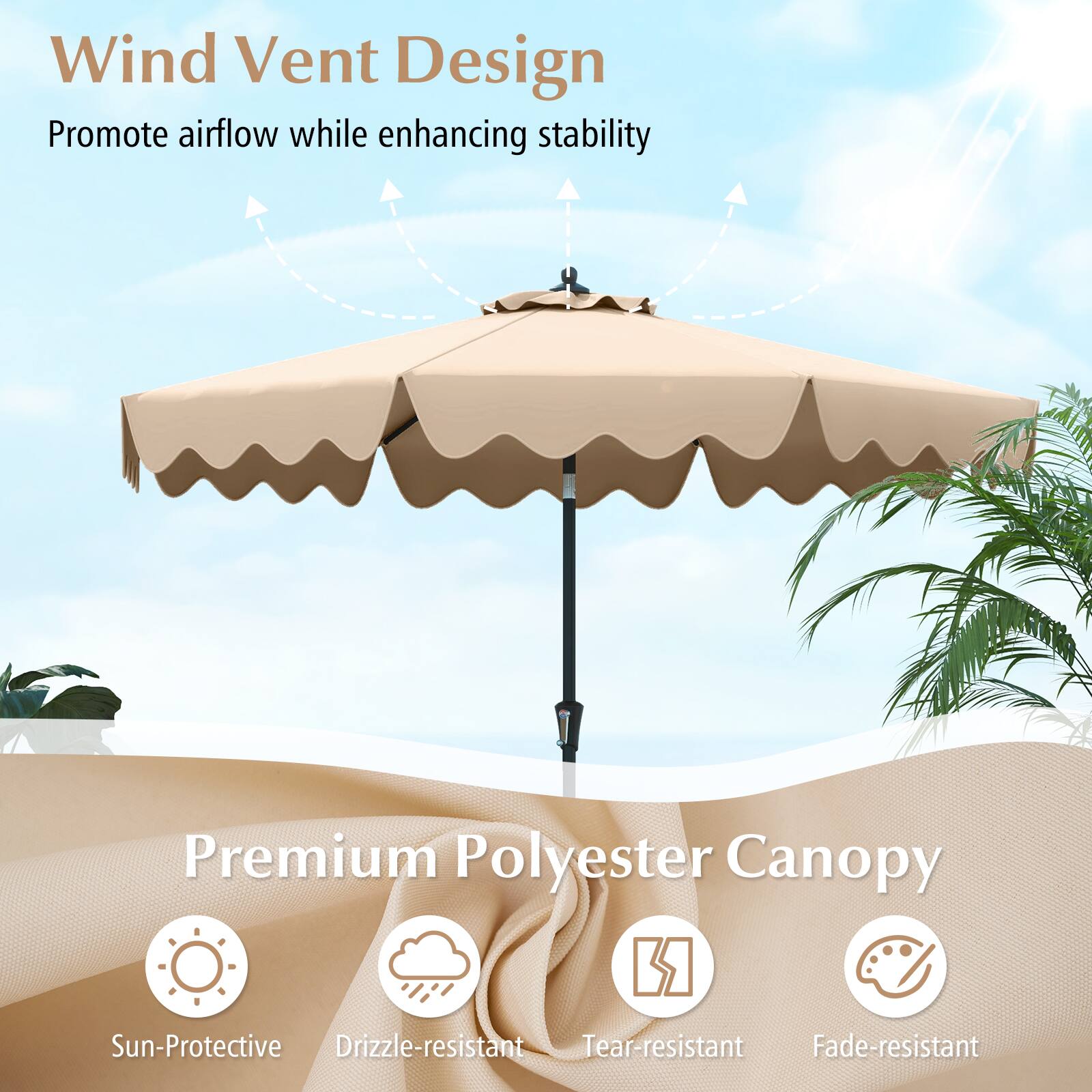Wind Vent Design  
Promote airflow while enhancing stability  

Premium Polyester Canopy  
Sun-Protective  
Drizzle-resistant  
Tear-resistant  
Fade-resistant