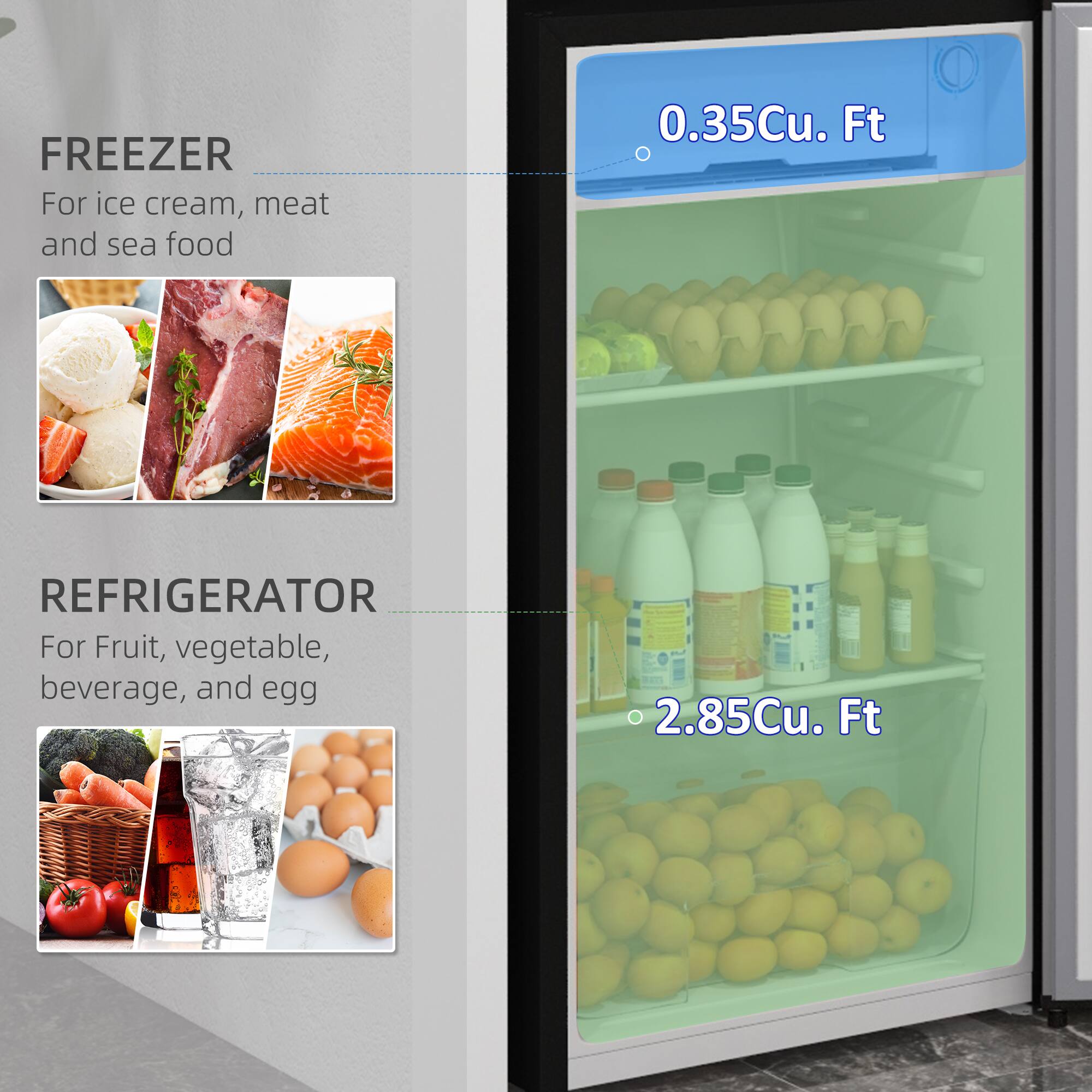 FREEZER  
For ice cream, meat and sea food  
0.35Cu. Ft  

REFRIGERATOR  
For Fruit, vegetable, beverage, and egg  
2.85Cu. Ft