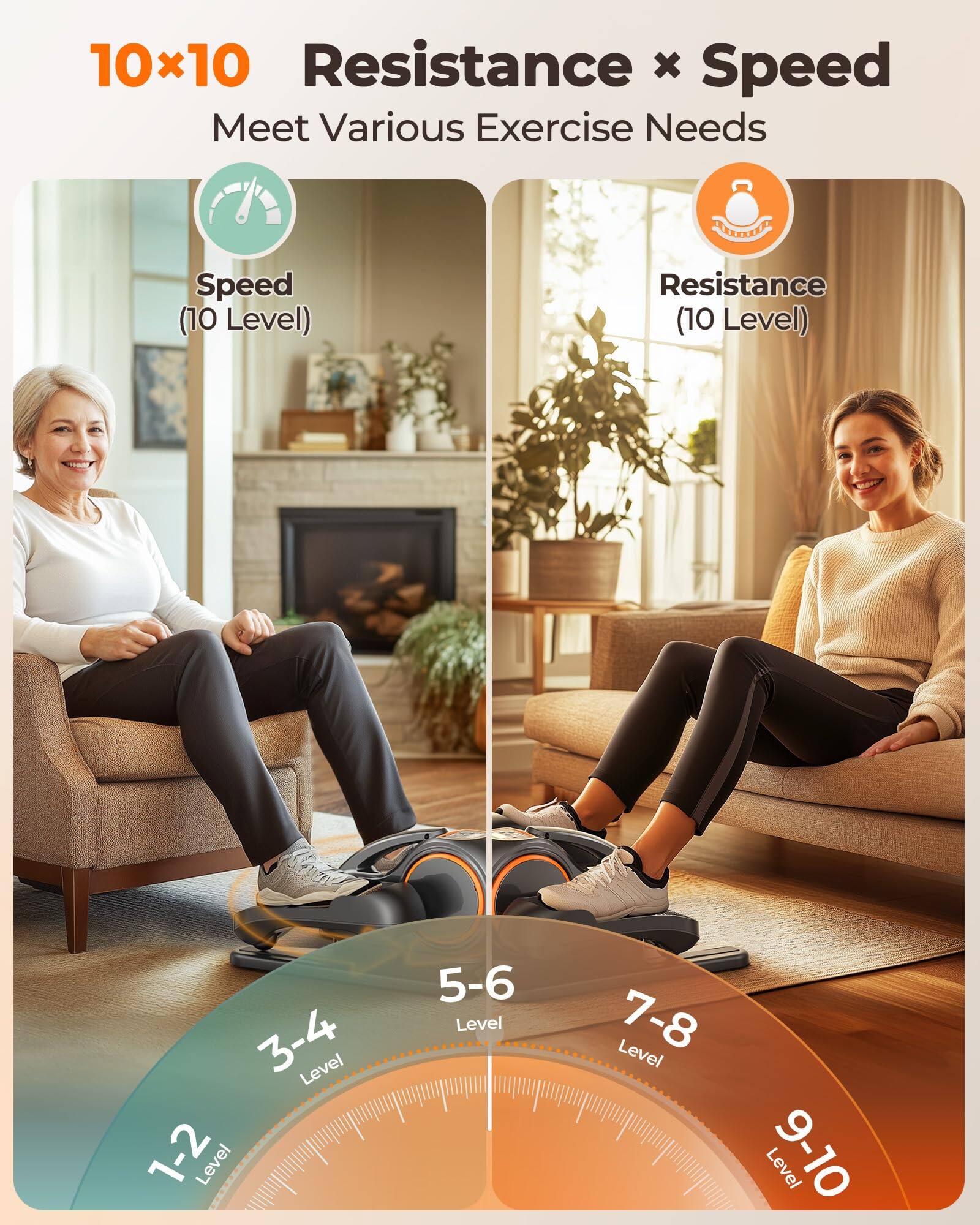 10x10 Resistance x Speed  
Meet Various Exercise Needs  

Speed (10 Level)  
Resistance (10 Level)  

1-2 Level  
3-4 Level  
5-6 Level  
7-8 Level  
9-10 Level