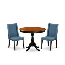 East West Furniture - 3-Pc Dinning Room Set Includes a Wood Kitchen Table and 2 Blue Linen Fabric Dinning Chairs with - Multi-Color