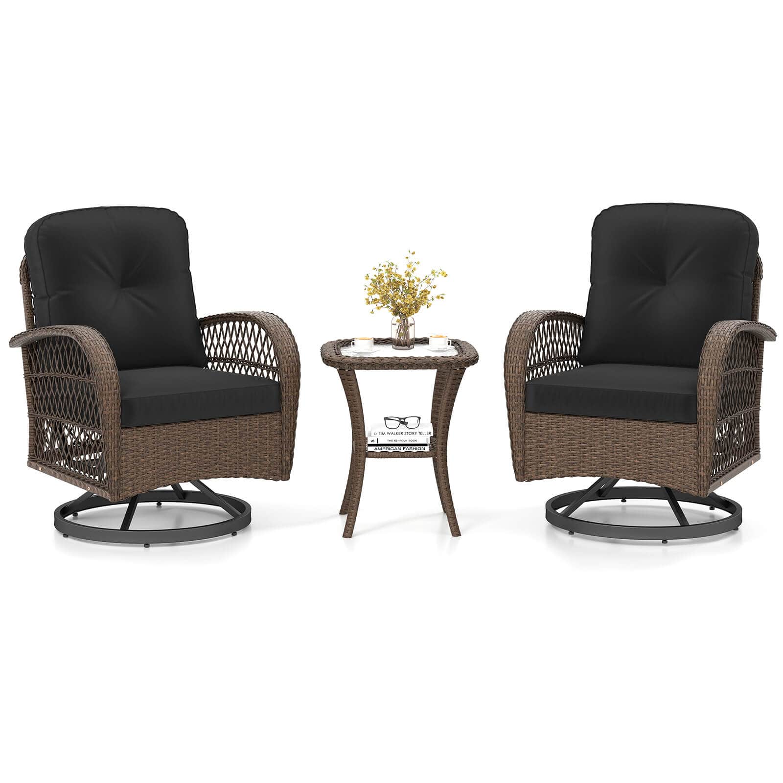 Costway - 3 PCS Patio Swivel Rocker Set Gliding Bistro Furniture Set with Tempered Glass Table - Black