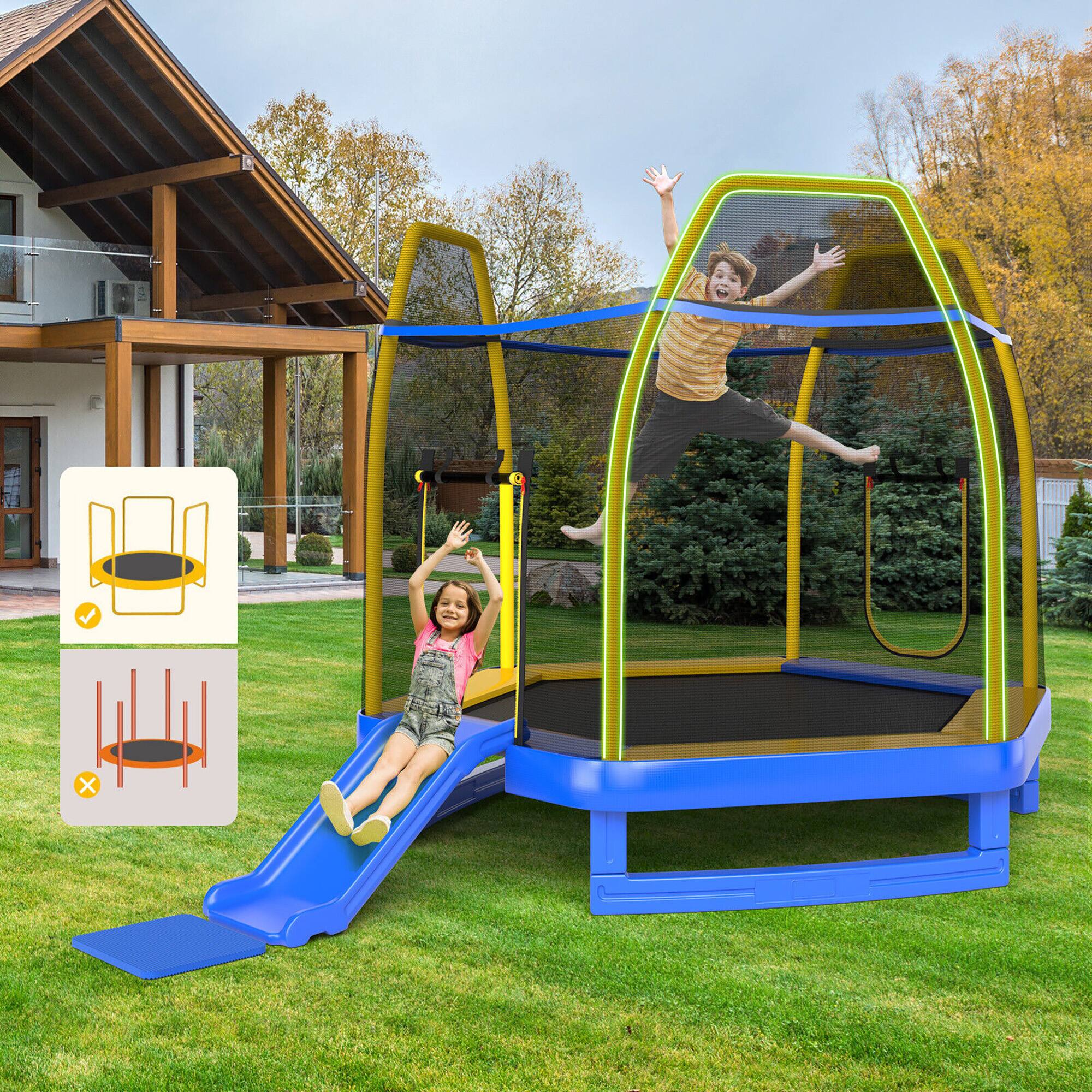 Alt View 7. Gymax - Gymax 7FT Kids Recreational Trampoline w/Ladder & Slide Ocean Ball Indoor Outdoor Blue - Blue + Yellow.