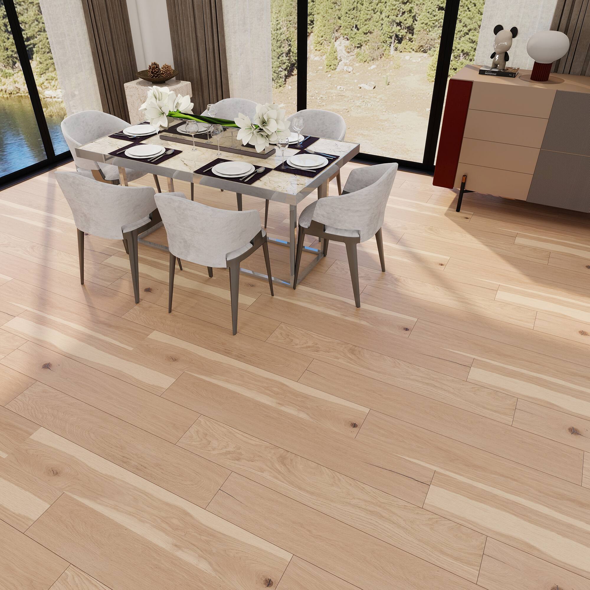 Left. Dotfloor - Superoak SEKET Laminate Flooring - 48"x7.7" Planks, 8 Planks/Box (20.56 sq ft/Box), 12mm Thick, AC4 Wear Rating - Antique Oak.