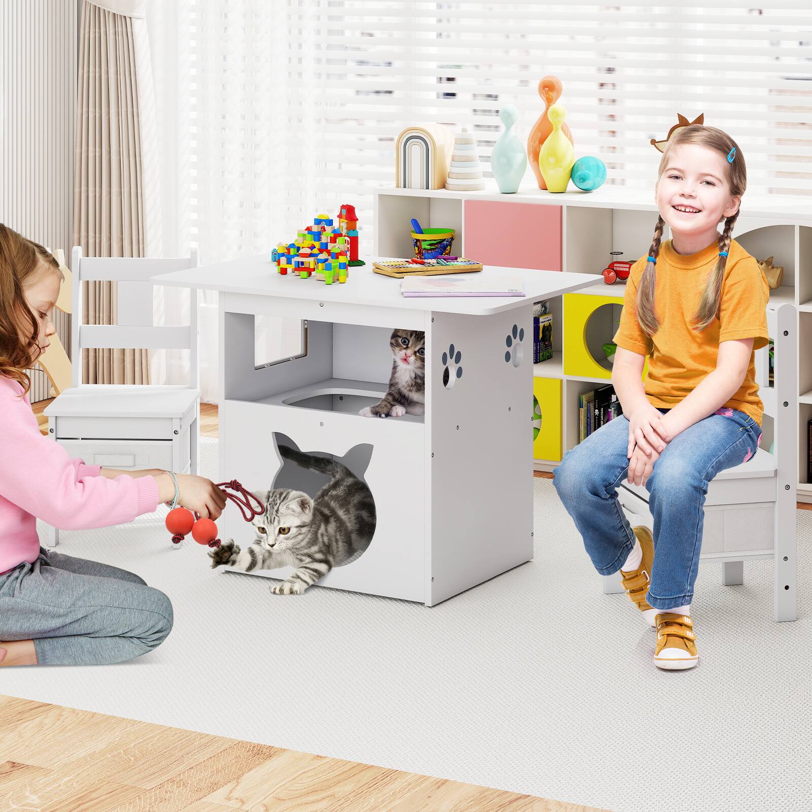 Alt View 3. Gymax - Gymax 3 PCS Kids Table and Chairs Set Furniture w/Cat House Hole & Window 2 Chairs - White.