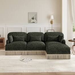 Anysun - Modern Fashion Style L-Shaped Chenille Leopard Print Sofa with Movable Ottoman & Tassel Edge, Easy Assembly, Deep Seat - Green