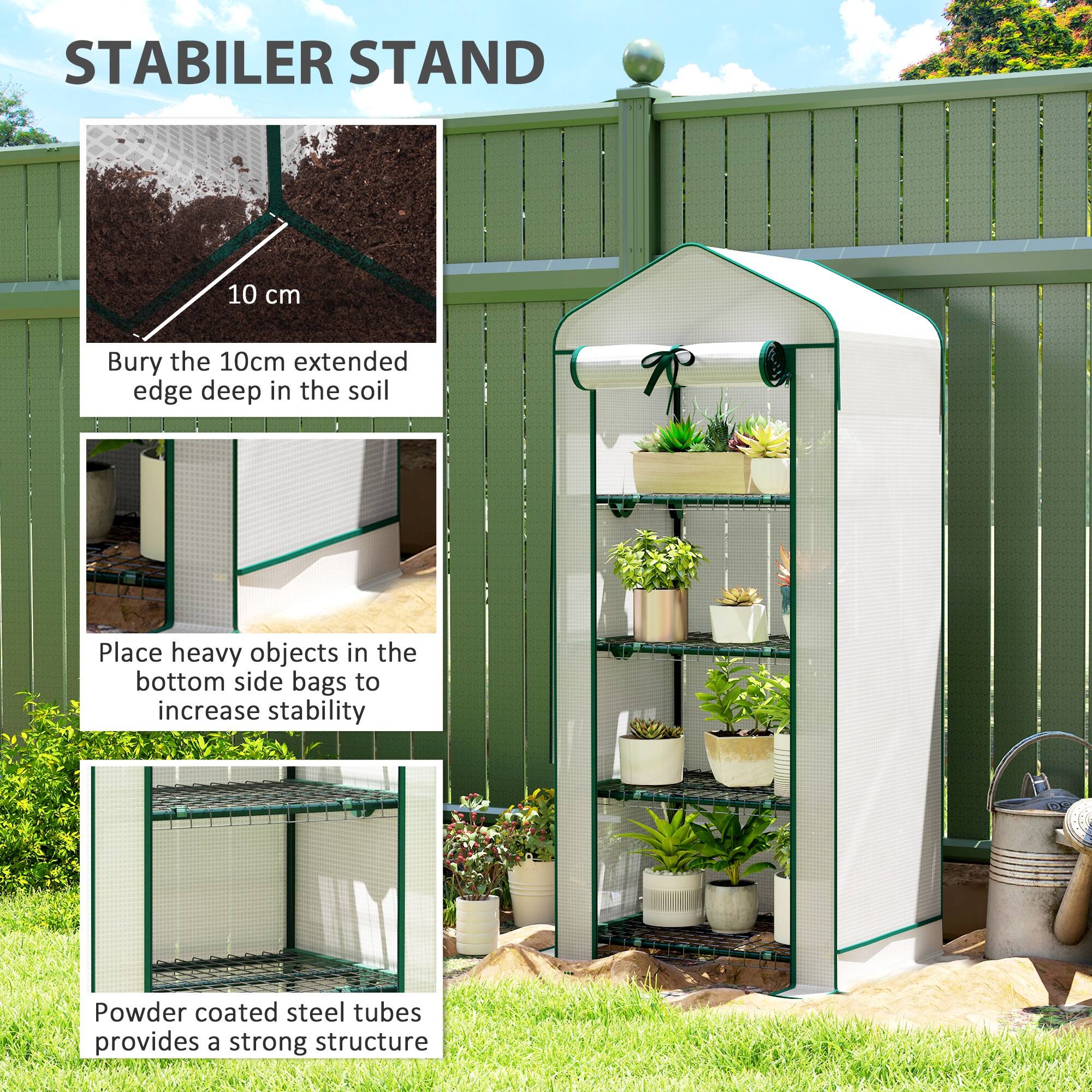 STABILER STAND

10 cm
Bury the 10cm extended edge deep in the soil

Place heavy objects in the bottom side bags to increase stability

Powder coated steel tubes provides a strong structure