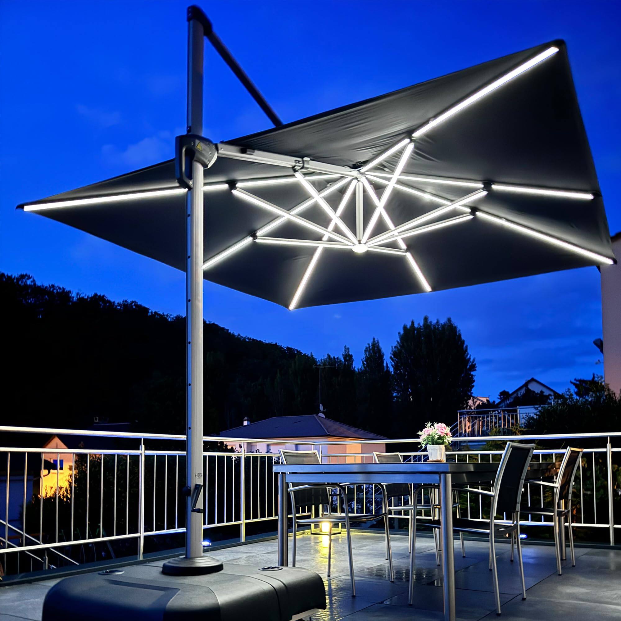 Angle. PURPLE LEAF - 10 ft. Patio Square Aluminum Solar Powered LED Cantilever Outdoor Offset Umbrella with Base for Garden Deck Pool - Black.