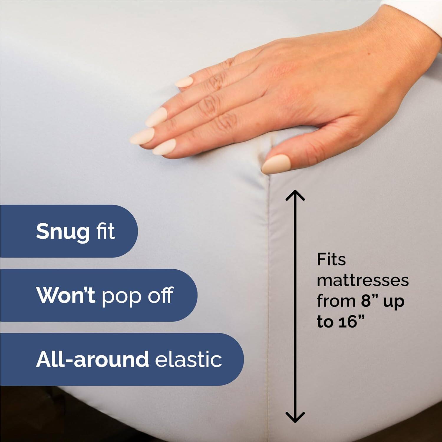 - Snug fit
- Won't pop off
- Fits mattresses from 8" up to 16"
- All-around elastic