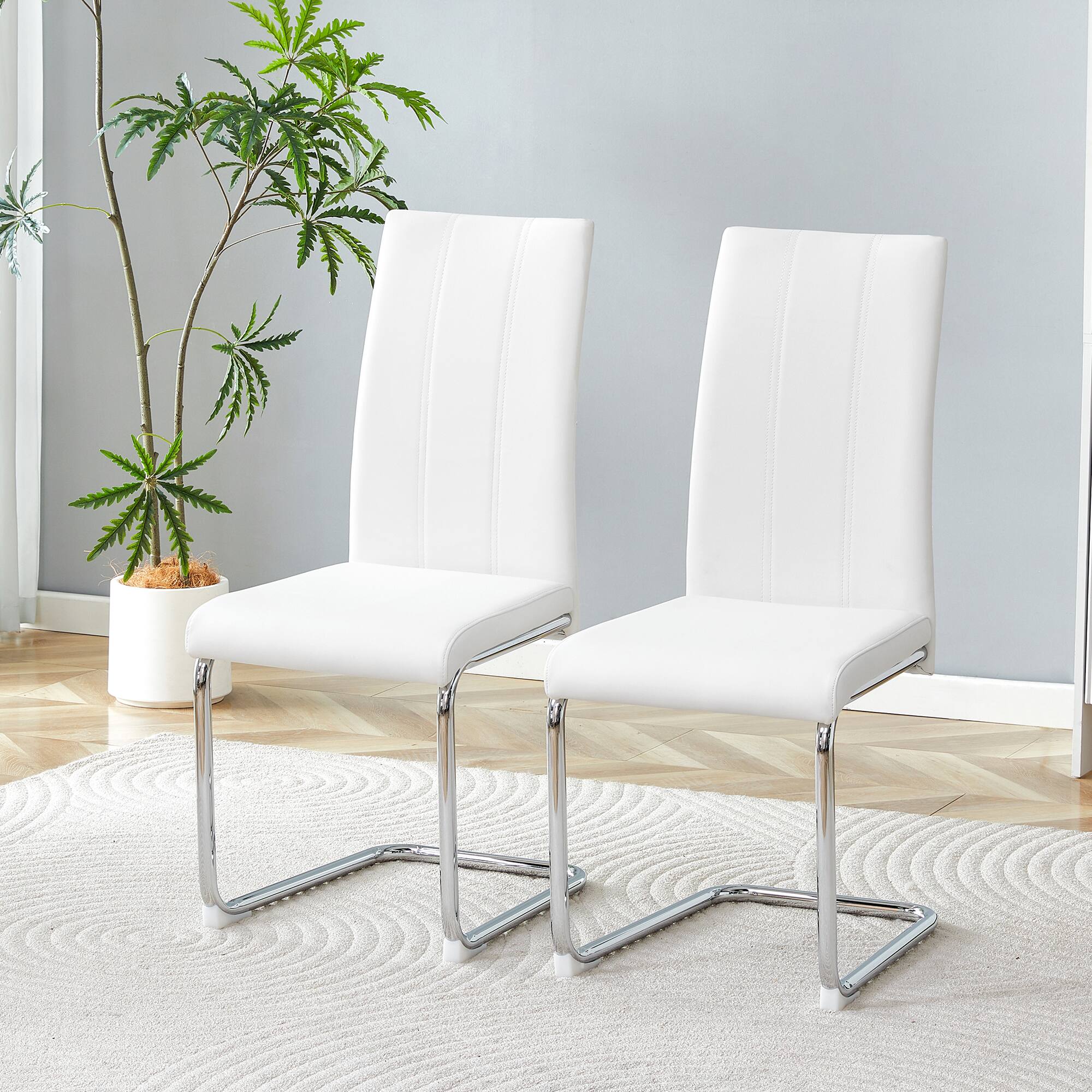 Back. Loheer - Modern High Back Dining Chairs Set of 4 with Chrome Legs 1.8x1.4x3.3ft - White.