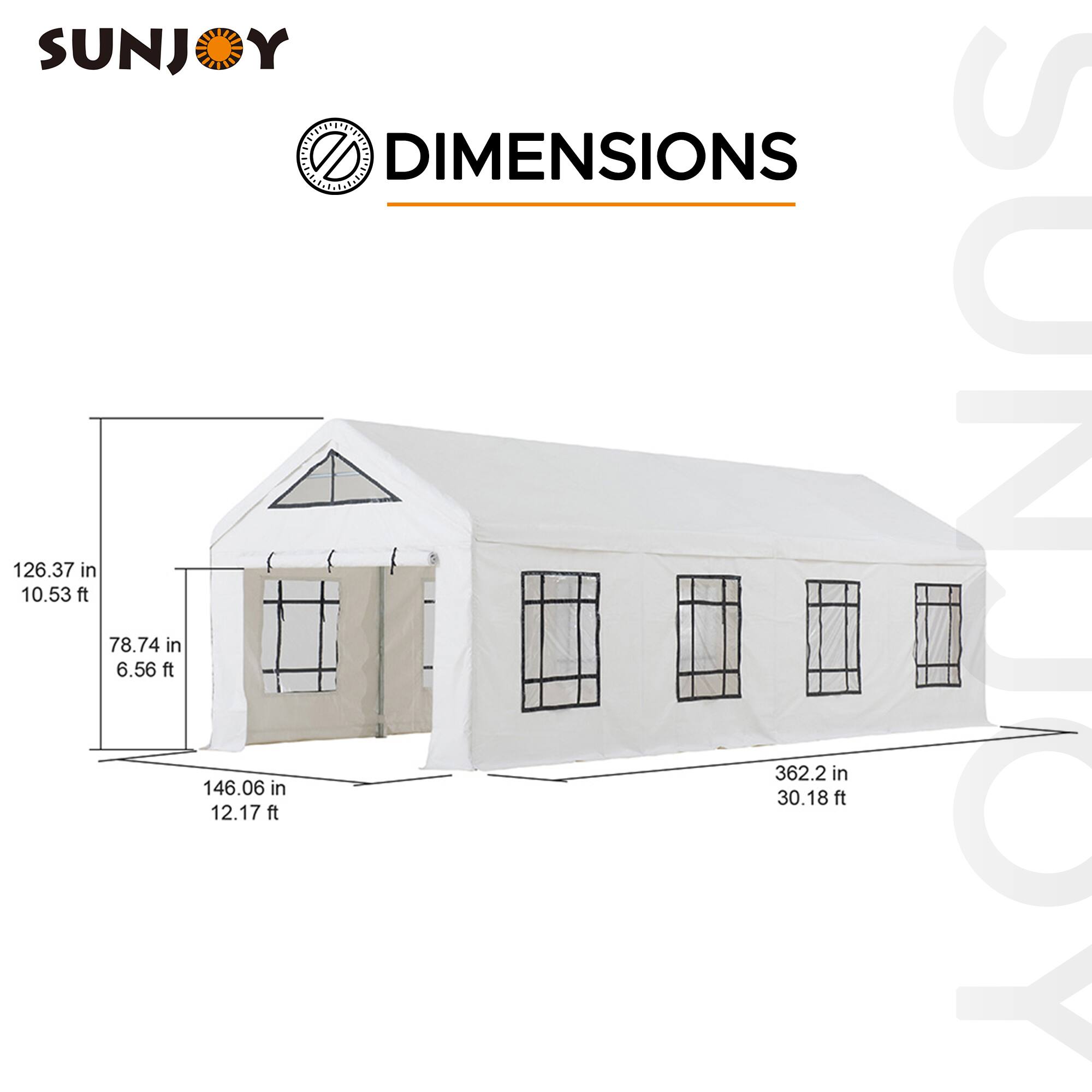 SUNJOY DIMENSIONS

126.37 in  
10.53 ft

78.74 in  
6.56 ft

146.06 in  
12.17 ft

362.2 in  
30.18 ft