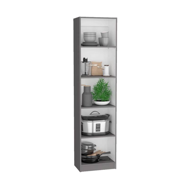 Back. HTUTWOO - Bookcase with 5-Tier Shelves and Slim Design -Particle Board 71" Tall Narrow Bookshelf,Vertical Storage Shelf for Office - Matt Gray+White.