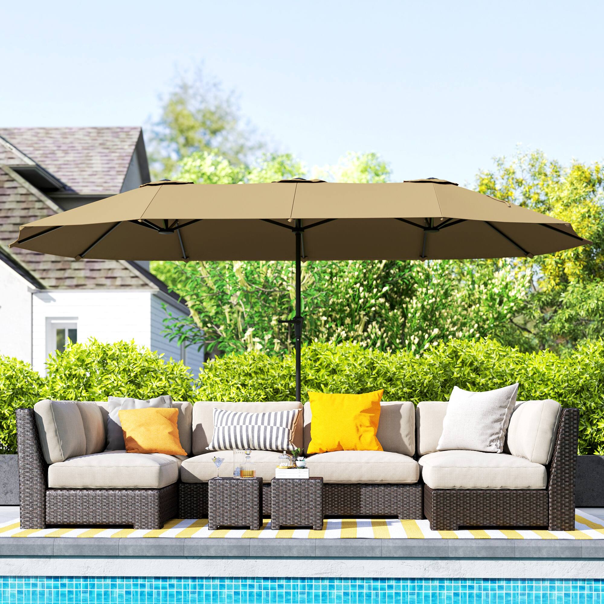 Angle. Outsunny - 13 ft. Extra Large Patio Umbrella, UPF30+ Double Umbrella Outdoor Patio with Easy Crank Handle, Vents for Garden, Pool - Coffee.