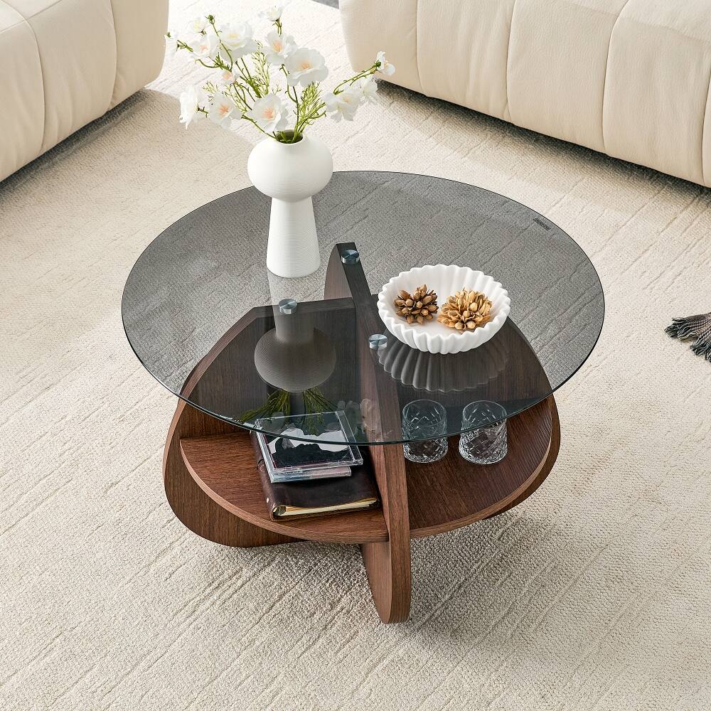 Left. Loheer - Loheer Round Coffee Table with Storage Gray Glass Top Walnut Base - Gray.