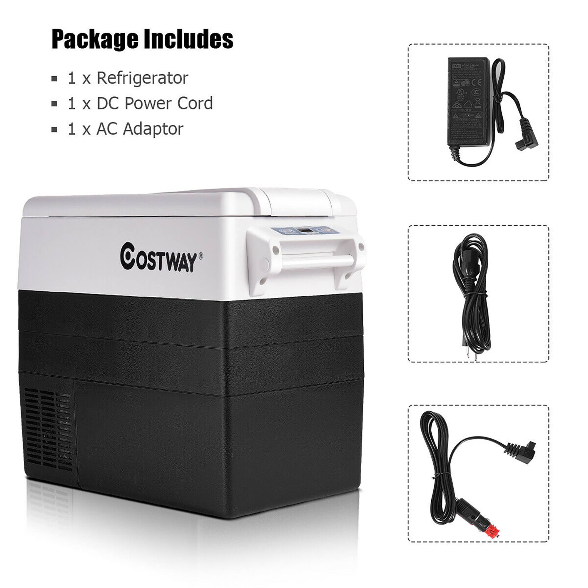 Package Includes: 1 x Refrigerator, 1 x DC Power Cord, 1 x AC Adaptor, COSTWAY