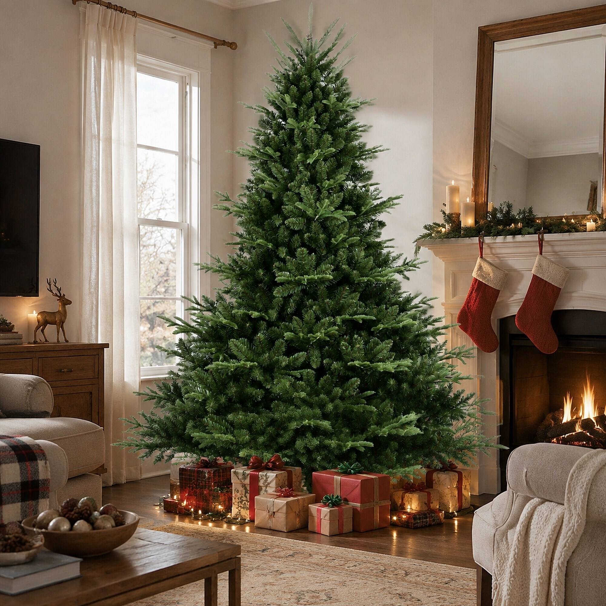 Angle. RYHNUYNE - 7FT Full-Shaped Christmas Tree, 2257 PE/PVC Mixed Needles Wide Base Hinged Structure Metal Stand Strong Support - Green.