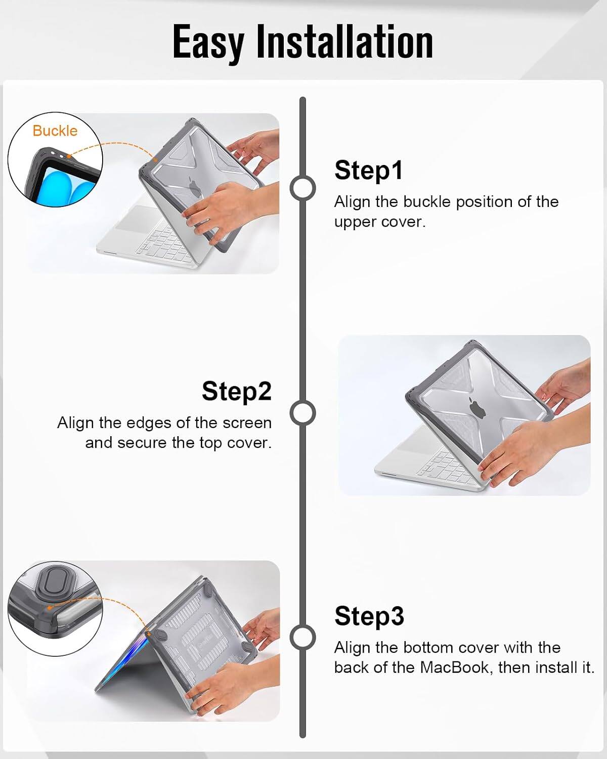 Easy Installation Buckle

Step1: Align the buckle position of the upper cover.

Step2: Align the edges of the screen and secure the top cover.

Step3: Align the bottom cover with the back of the MacBook, then install it.