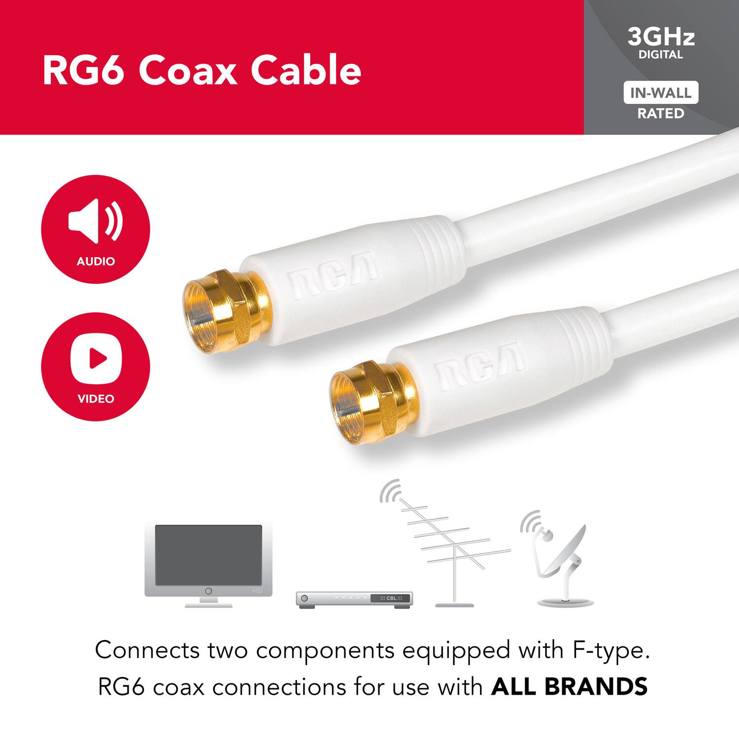 RG6 Coax Cable

3GHz DIGITAL  
IN-WALL RATED

Connects two components equipped with F-type RG6 coax connections for use with ALL BRANDS

AUDIO  
VIDEO
