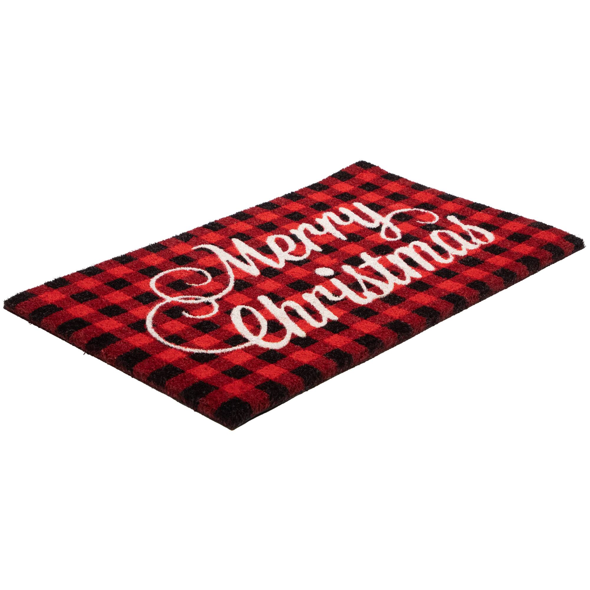 Alt View 4. Northlight - Red and Black Plaid "Merry Christmas" Natural Coir Christmas Outdoor Doormat 18" x 30" - Red.