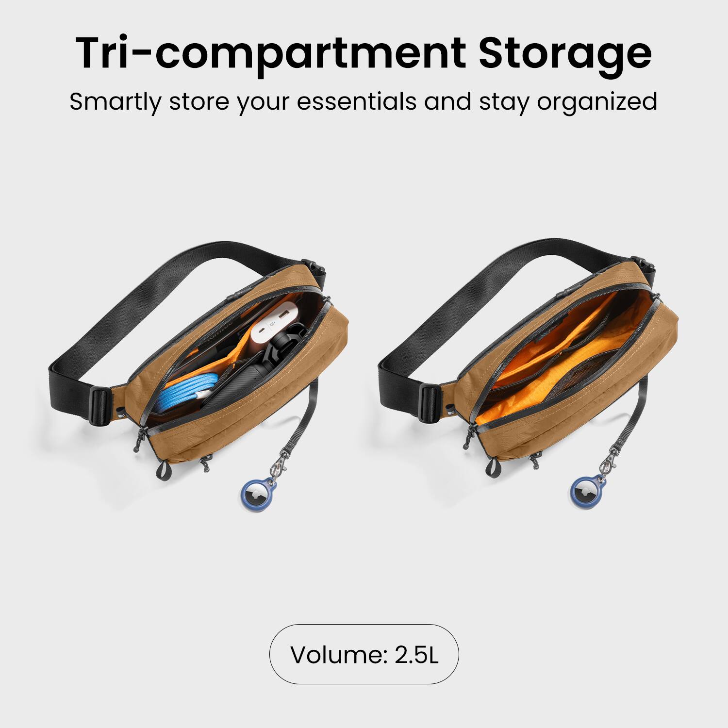 Tri-compartment Storage  
Smartly store your essentials and stay organized  
Volume: 2.5L