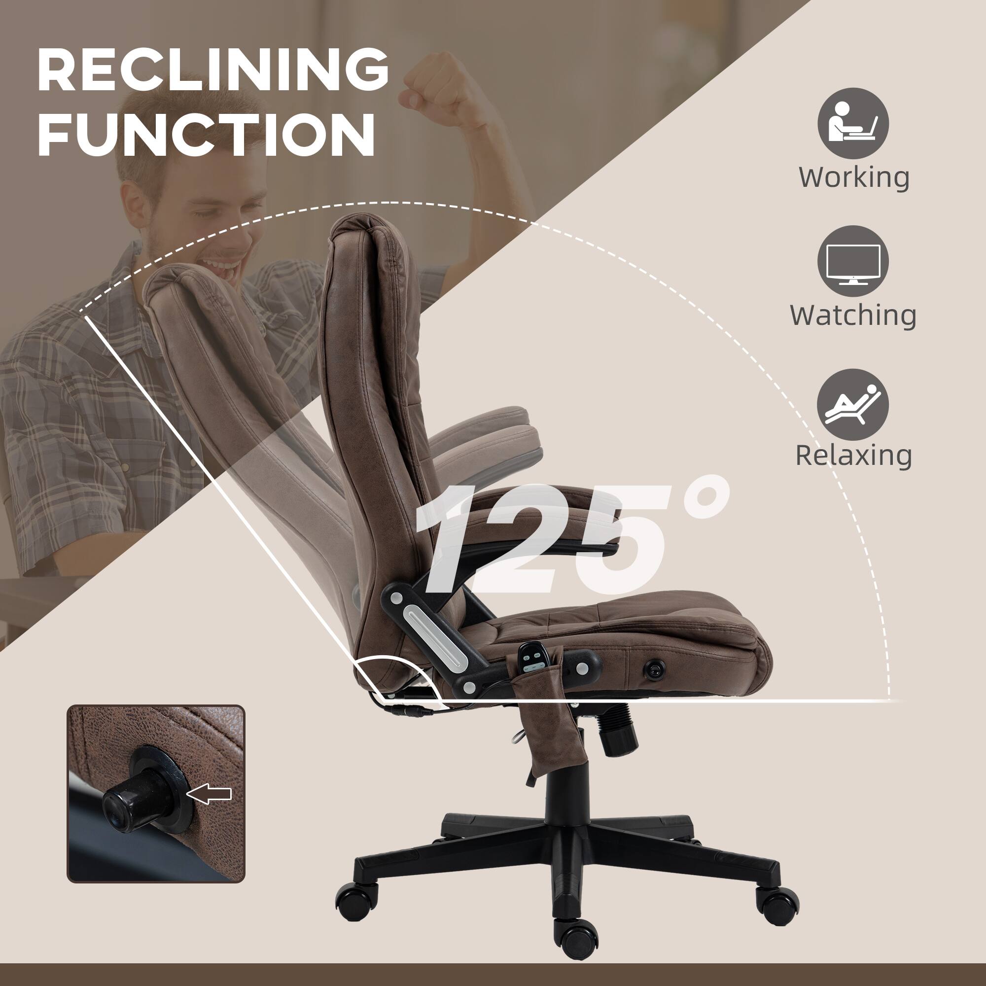 RECLINING FUNCTION, Working, Watching, Relaxing, 125°
