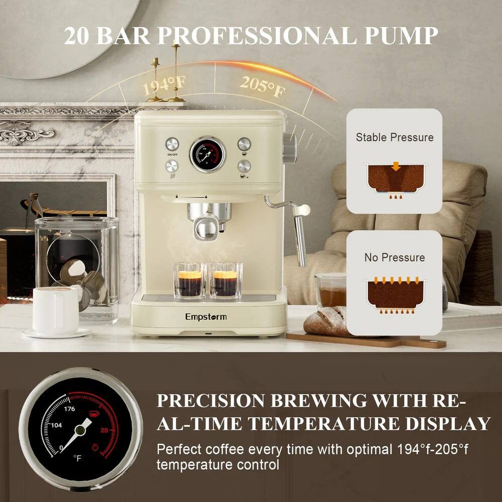 20 BAR PROFESSIONAL PUMP

Stable Pressure
No Pressure

PRECISION BREWING WITH REAL-TIME TEMPERATURE DISPLAY
Perfect coffee every time with optimal 194°F-205°F temperature control