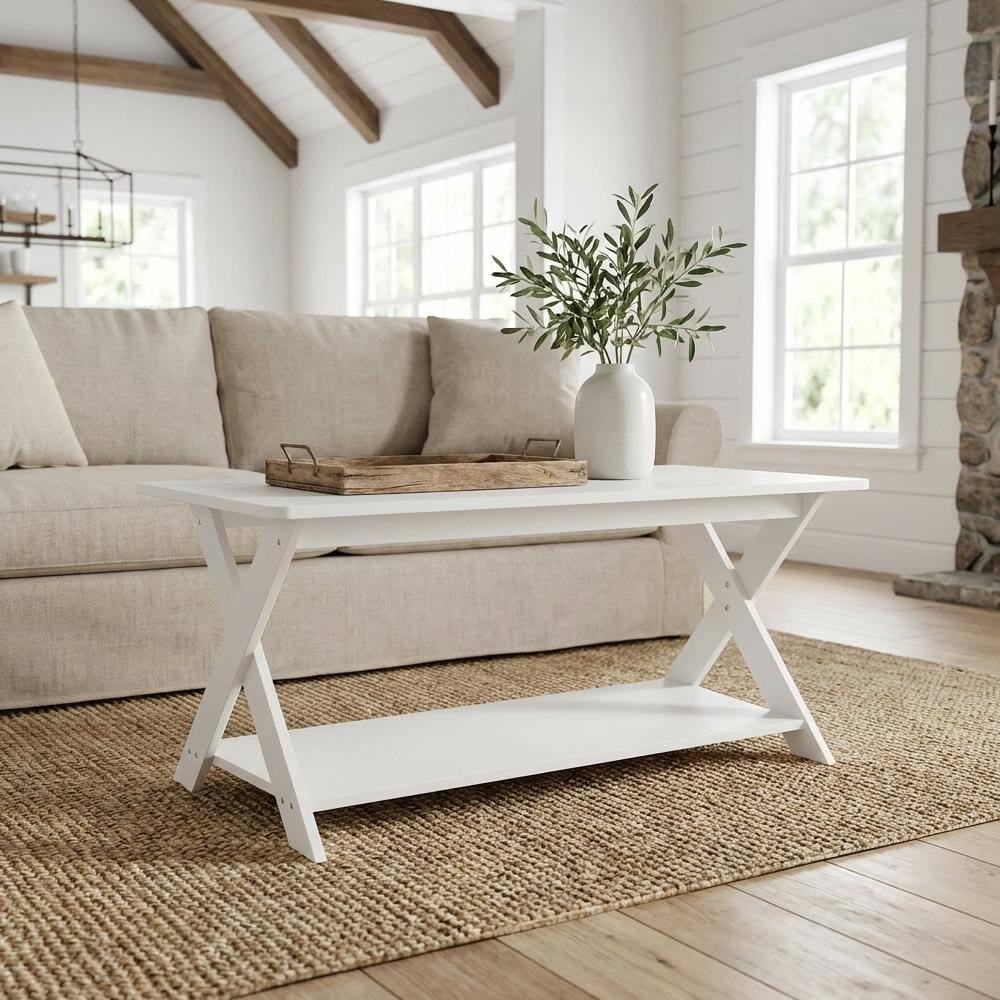 Angle. FurniFact - White Modern Simplistic Coffee Table with Criss-Crossed Base - White.
