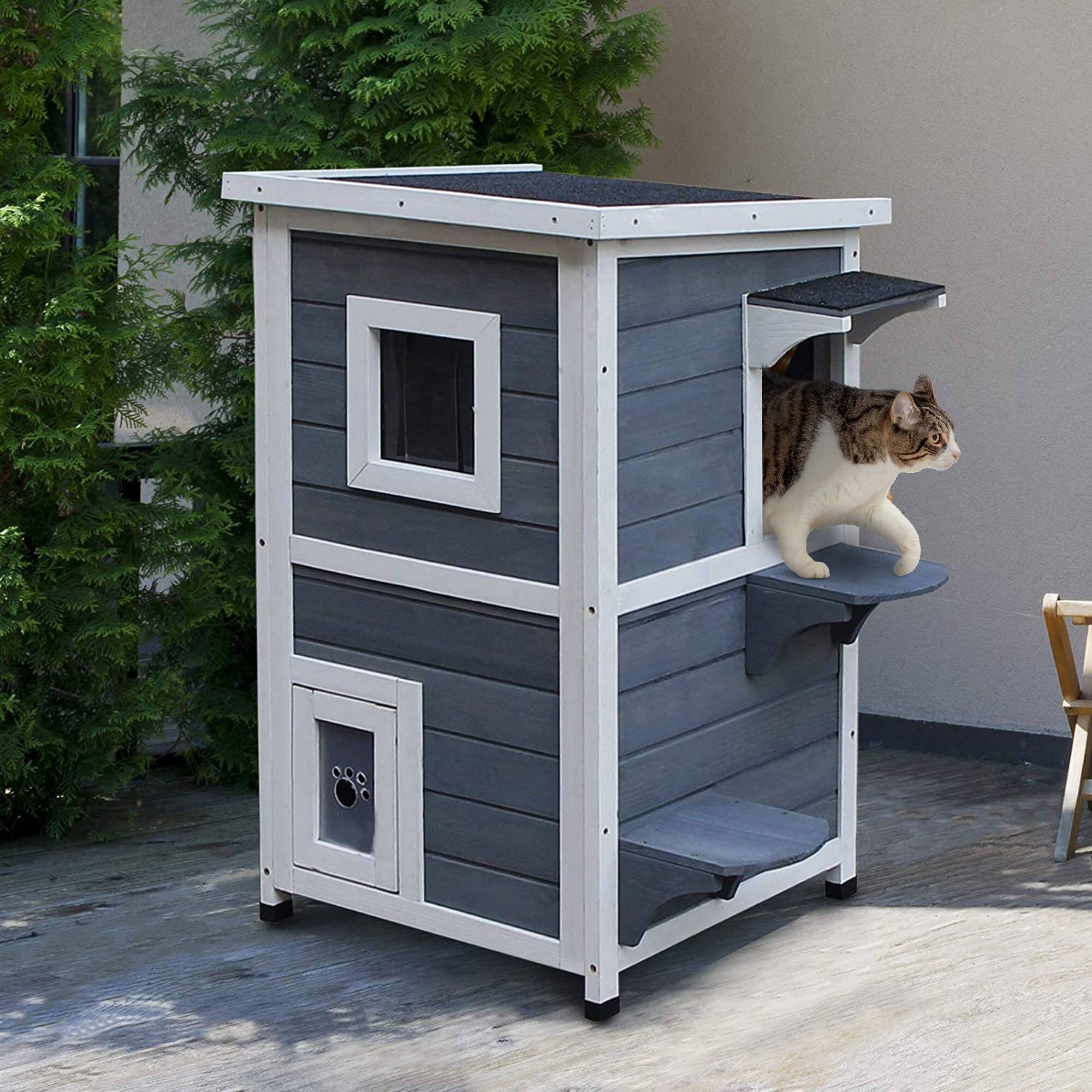 Angle. Pawhut - Outdoor Cat House with Escape Door, Weatherproof 2-Story Wooden Feral Cat Shelter with Opening Asphalt Roof.