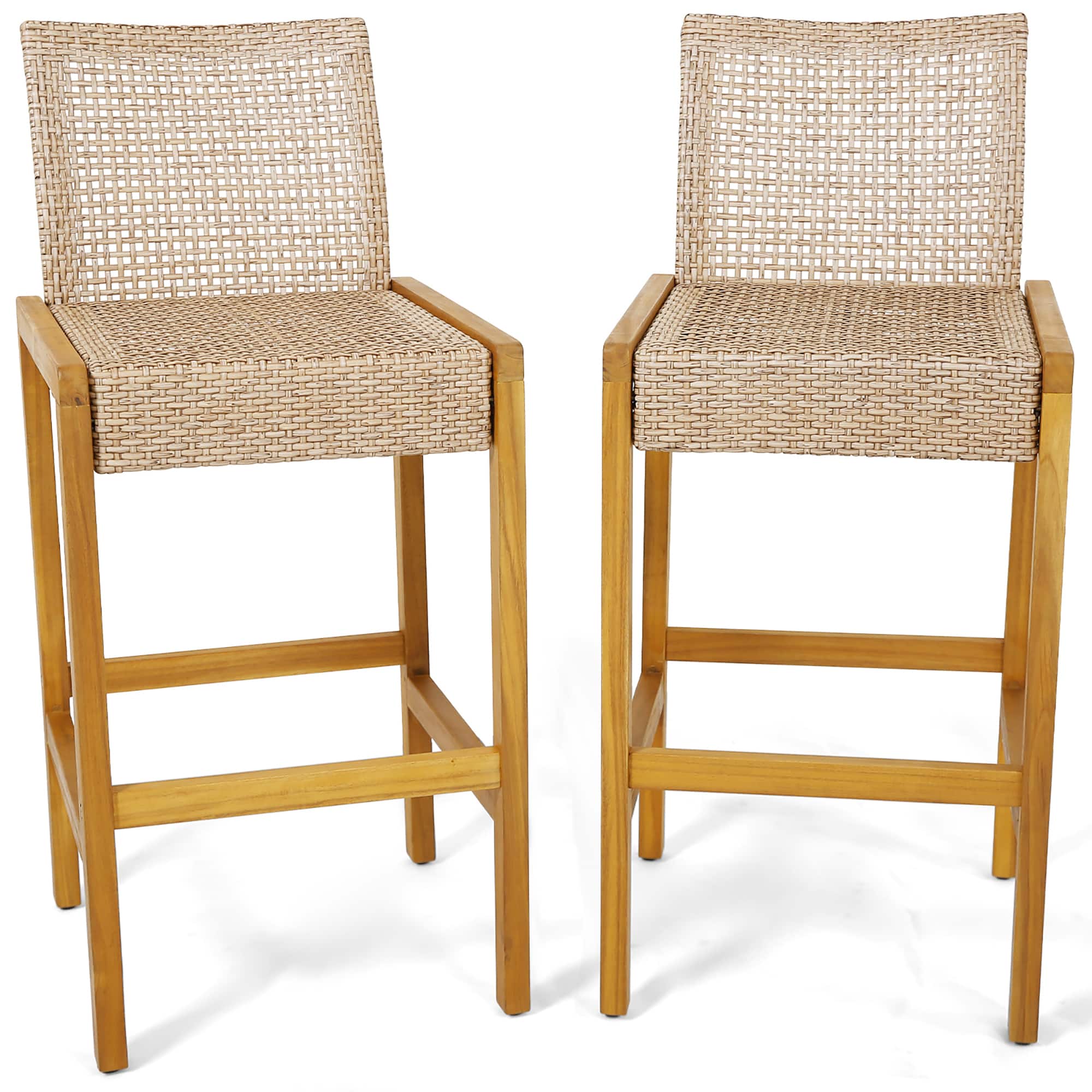 Gymax - Wicker Bar Stools Set of 2 Patio Chairs w/ Solid Wood Frame Ergonomic Footrest Light Brown - Light Brown, Teak price history on PriceWatchPro