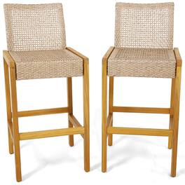 Gymax - Wicker Bar Stools Set of 2 Patio Chairs w/ Solid Wood Frame Ergonomic Footrest Light Brown - Light Brown, Teak