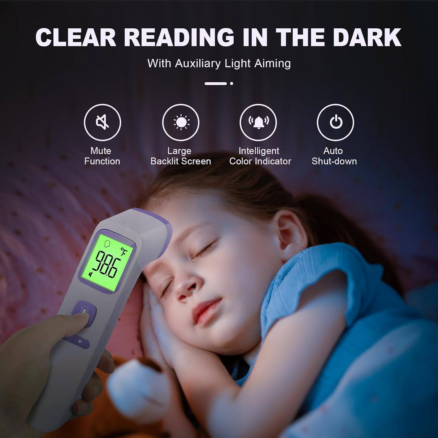CLEAR READING IN THE DARK  
With Auxiliary Light Aiming

- Mute Function
- Large Backlit Screen
- Intelligent Auto Color Indicator
- Auto Shut-down

98.6°F
