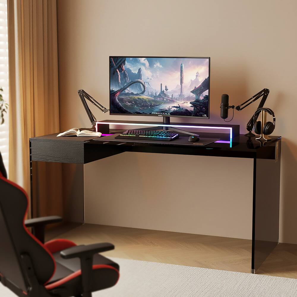 Alt View 1. luck idea - 53.14" Tempered Glass Desk with Storage Space, Writing Desk & Makeup Vanity Table - Black Glass.