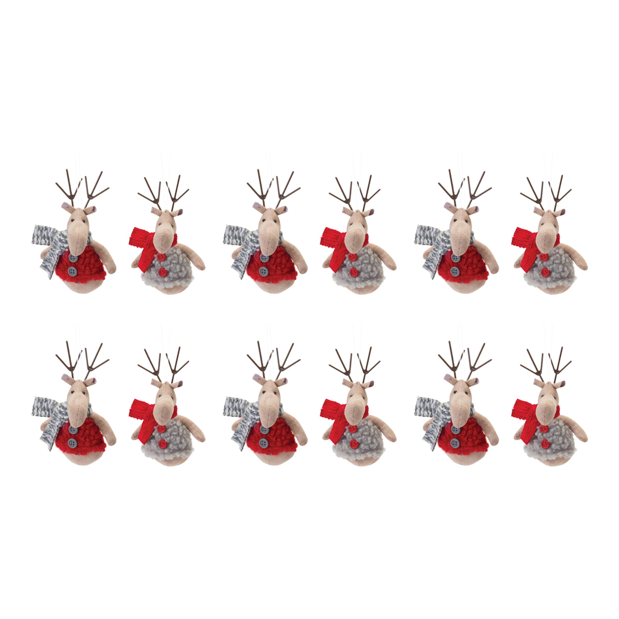 Back. BreeBe - Plush Deer with Sweater Ornament (Set of 12) - Grey, Red.
