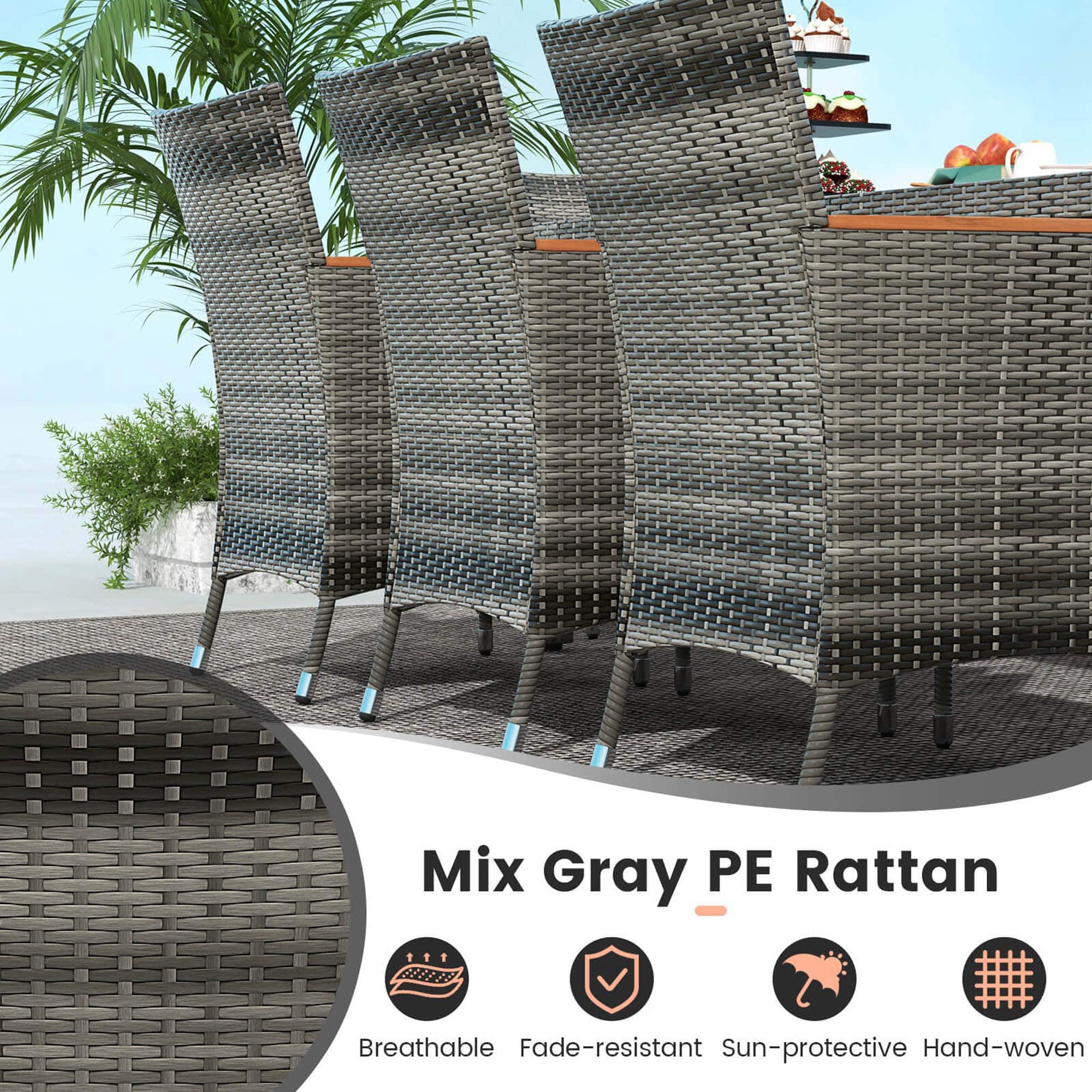 Mix Gray PE Rattan is a breathable, fade-resistant, and sun-protective hand-woven outdoor furniture.