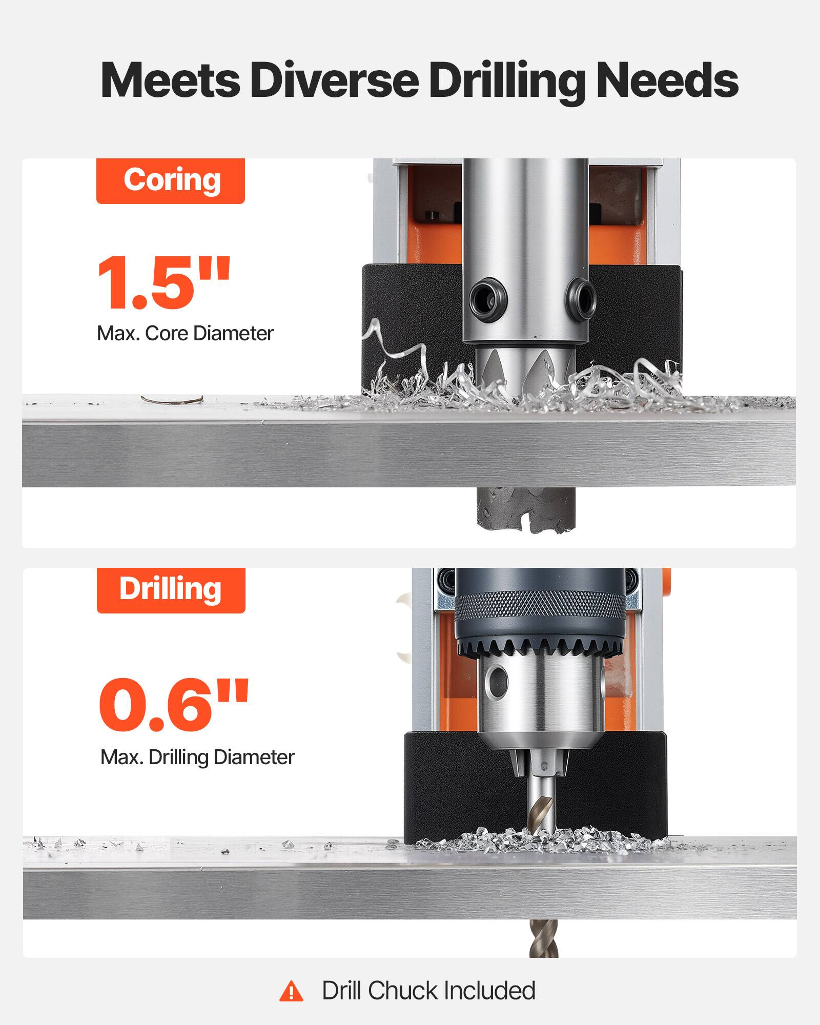 Meets Diverse Drilling Needs

Coring
1.5" Max. Core Diameter

Drilling
0.6" Max. Drilling Diameter

Drill Chuck Included