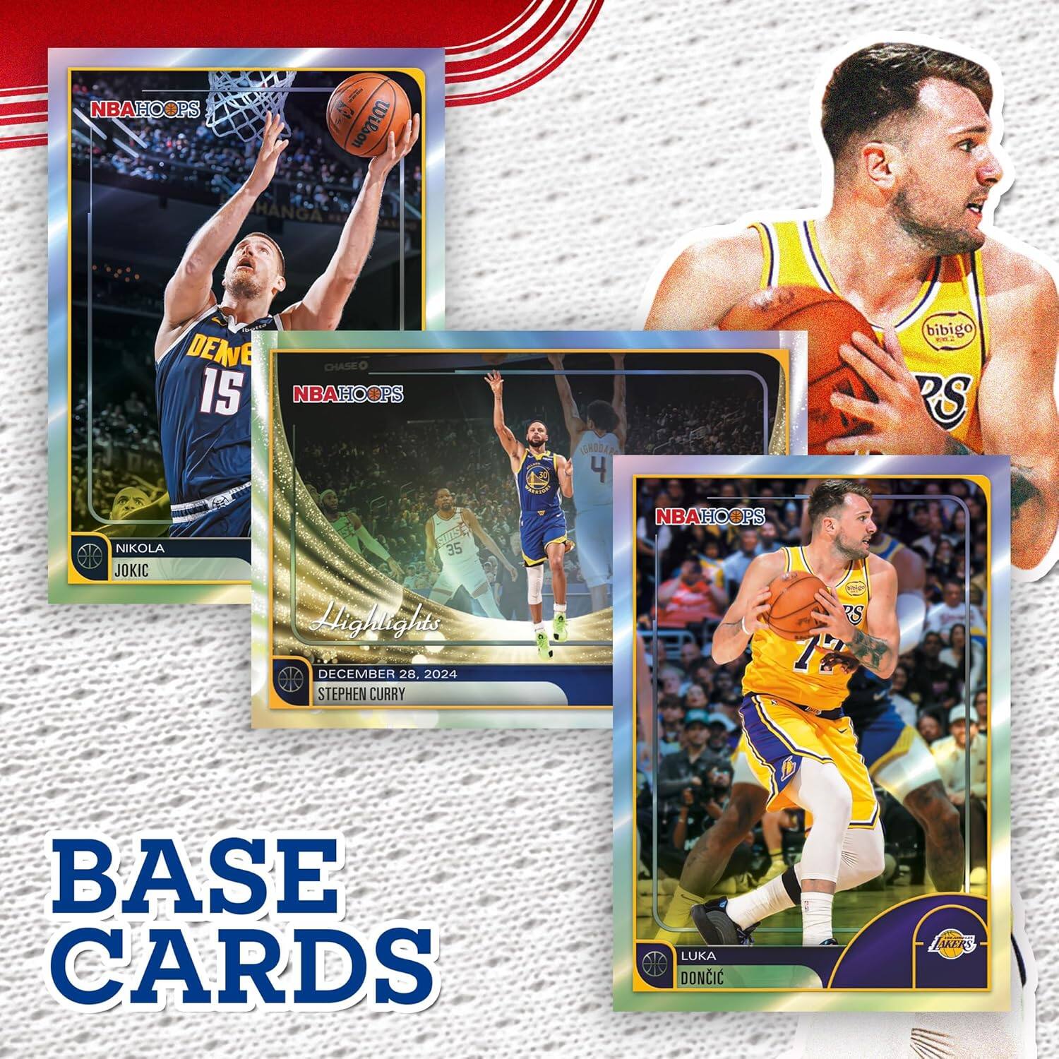 NBAHOOPS I E Wilson HANGA DENE CHASE 1S NBAHOOPS GABLIAA 4 bibigo EA RS NIKOLA VIV JOKIC SUE 35 Highlights DECEMBER 28, 2024 R STEPHEN CURRY NBAHOOPS RS 12 BASE CARDS LUKA DONCIC