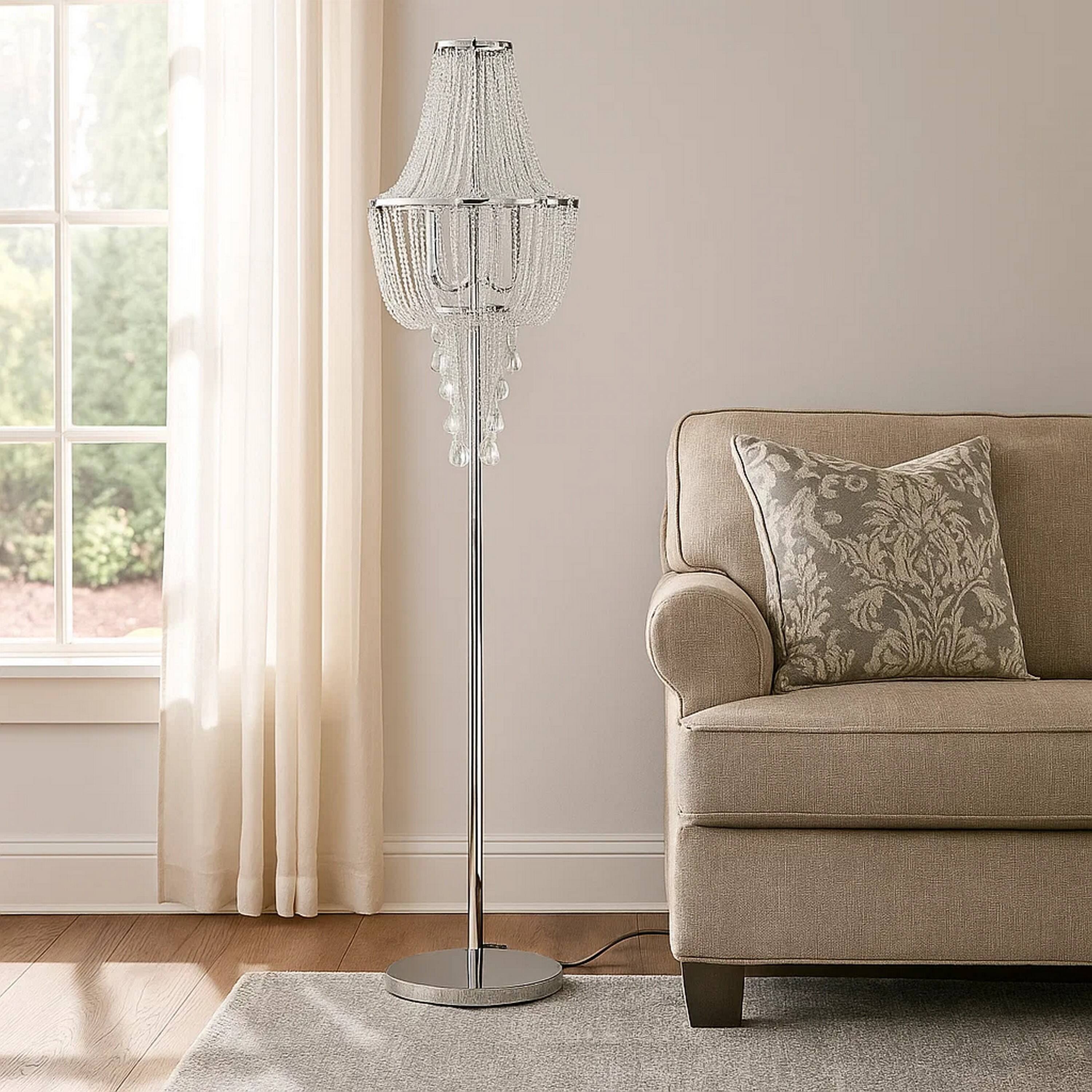 Alt View 3. Manhattan Lane - Cara 62 Inch Floor Lamp, Hanging Drop Design, Crystal and Metal, Chrome.