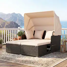 Costway - Patio Rattan Daybed Lounge Retractable Top Canopy Side Tables Cushions - Mix Brown + Beige