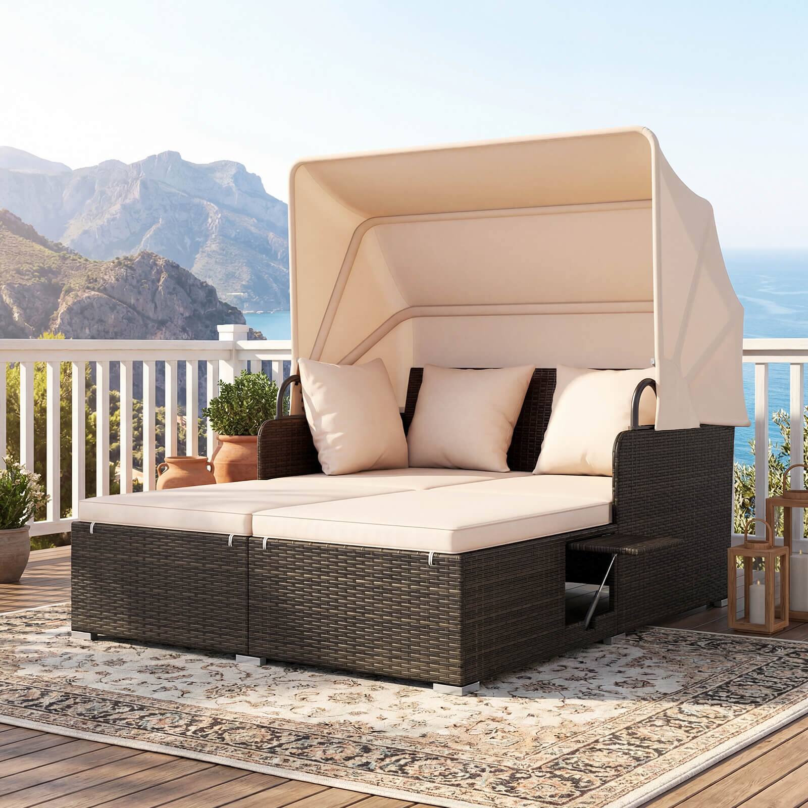 Alt View 1. Costway - Costway Patio Rattan Daybed Lounge Retractable Top Canopy Side Tables Cushions - Mix Brown + Beige.