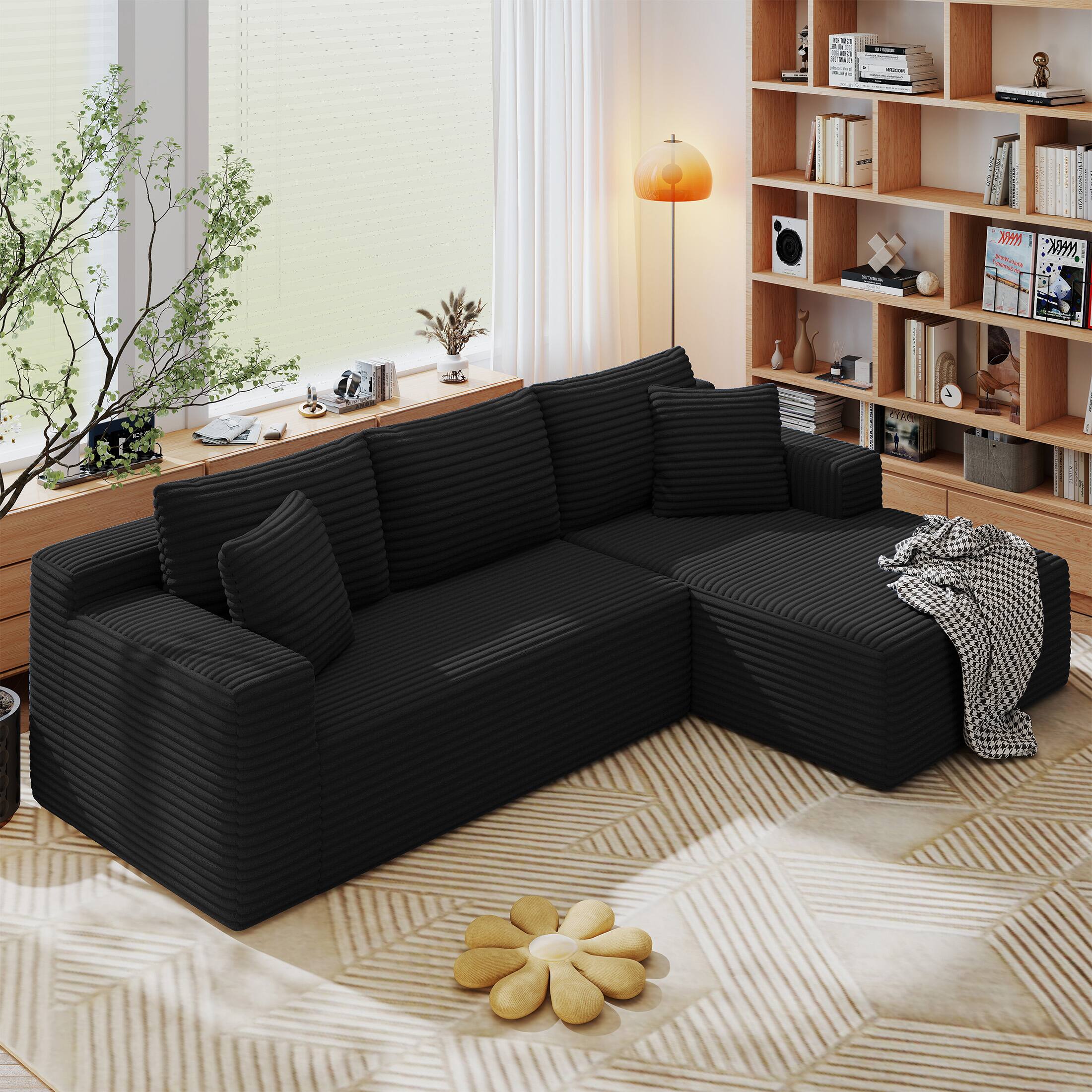 Aukfa - L-Shaped Cloud Sectional Sofa - Deep Seat, No Assembly Required, Modular Sleeper for Living Room & Bedroom - Black
