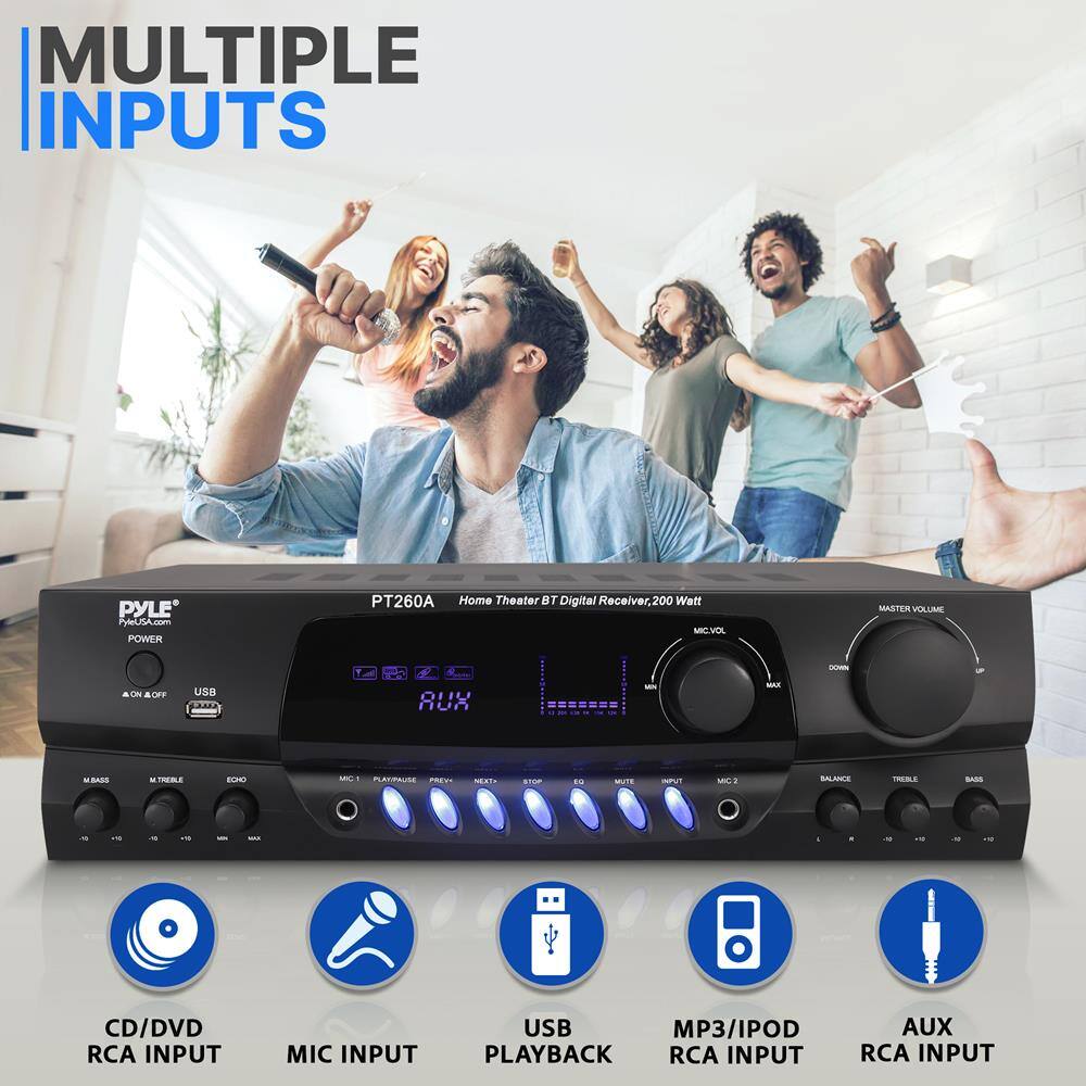 **MULTIPLE INPUTS**

**PYLE**  
PyleSA.com  
PT260A  
Home Theater BT Digital Receiver, 200 Watt

**POWER**  
USB  
AUX  
CD/DVD  
MIC INPUT  
USB BACK  
MP3/IPOD RCA INPUT  
AUX RCA INPUT