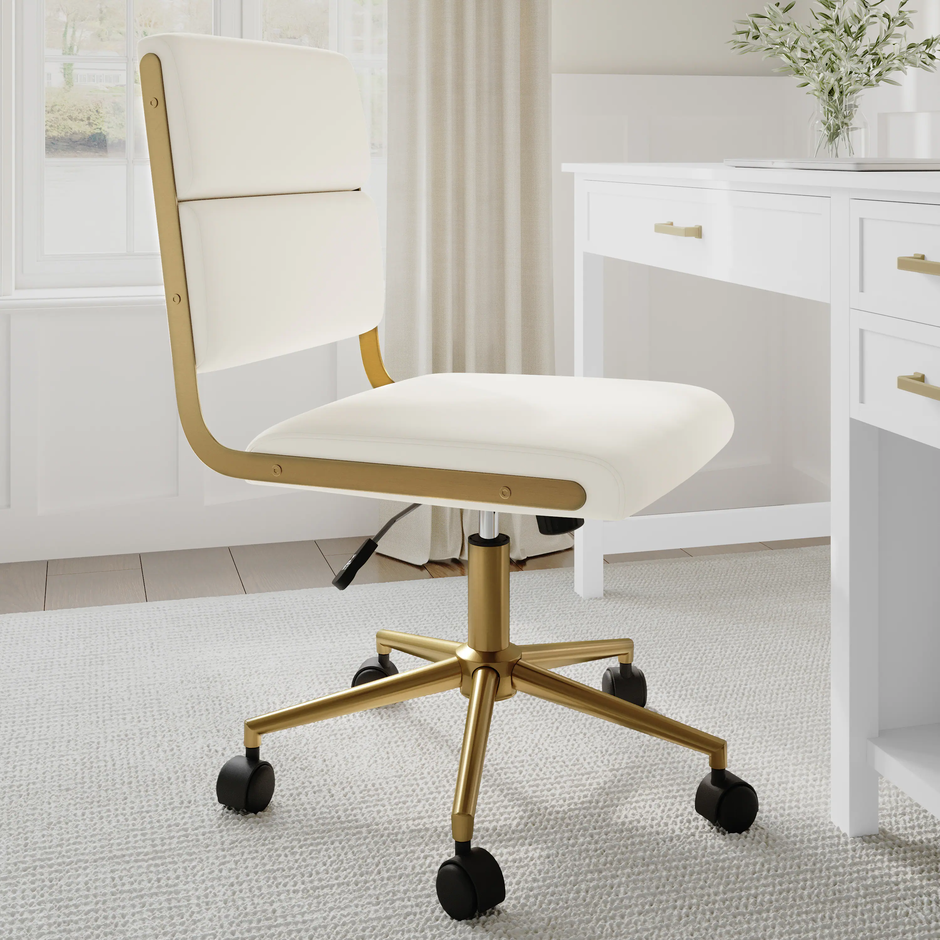 Alt View 4. Martha Stewart - Lulu Upholstered Height-Adjust Swivel Home Office Chair - Off White Faux Leather/Polished Brass Frame.