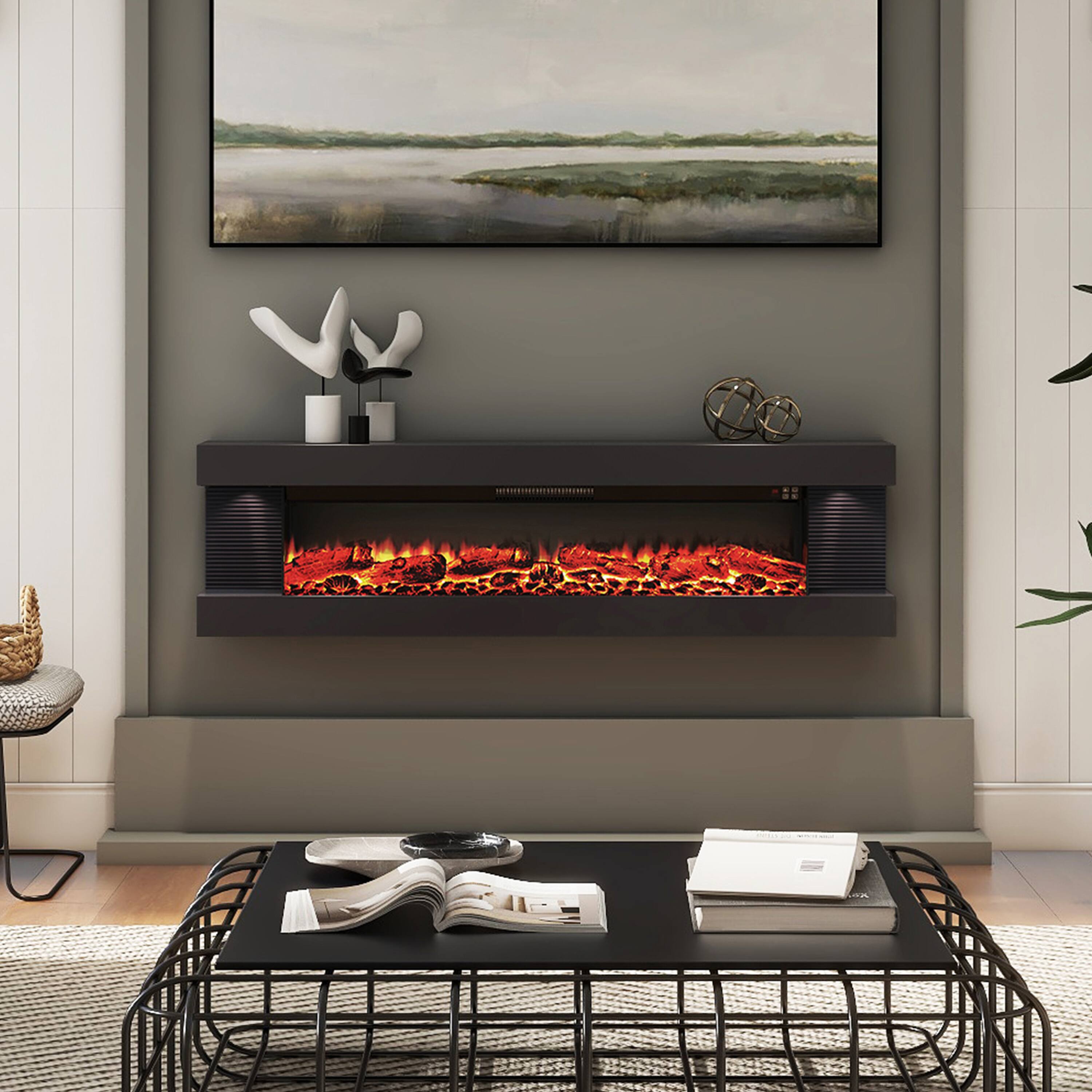 Angle. Mondawe - 60" Electric Fireplace with Hanging LED Mantel and Remote Control - Black.