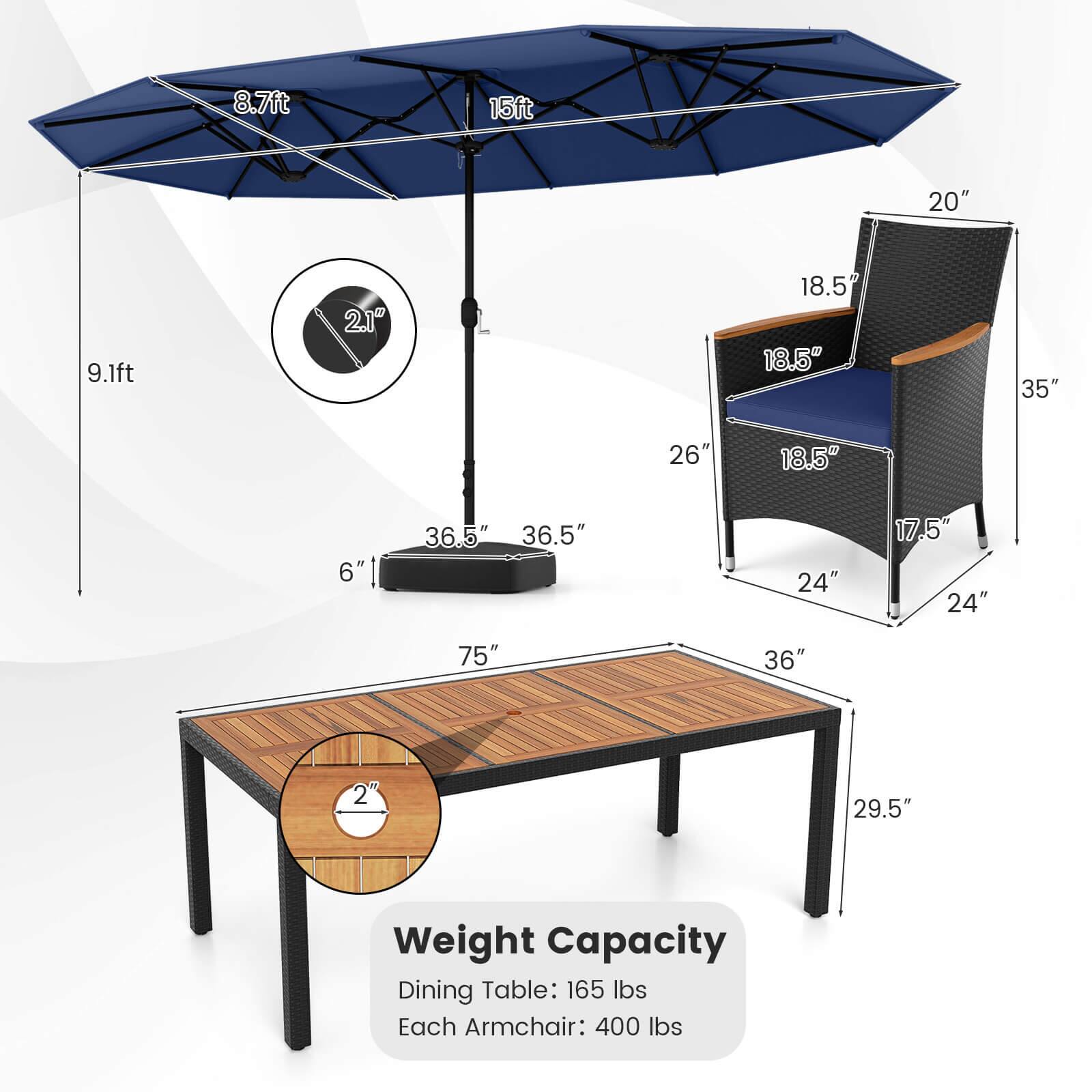 8.7ft 15ft 20" 9.1ft 2.1" L 18.5" 18.5" 35" 26" 18.5" 6" 36.5" 36.5" 24" 17.5" 24" 75" 36" 29.5" Weight Capacity Dining Table: 165 lbs Each Armchair: 400 lbs