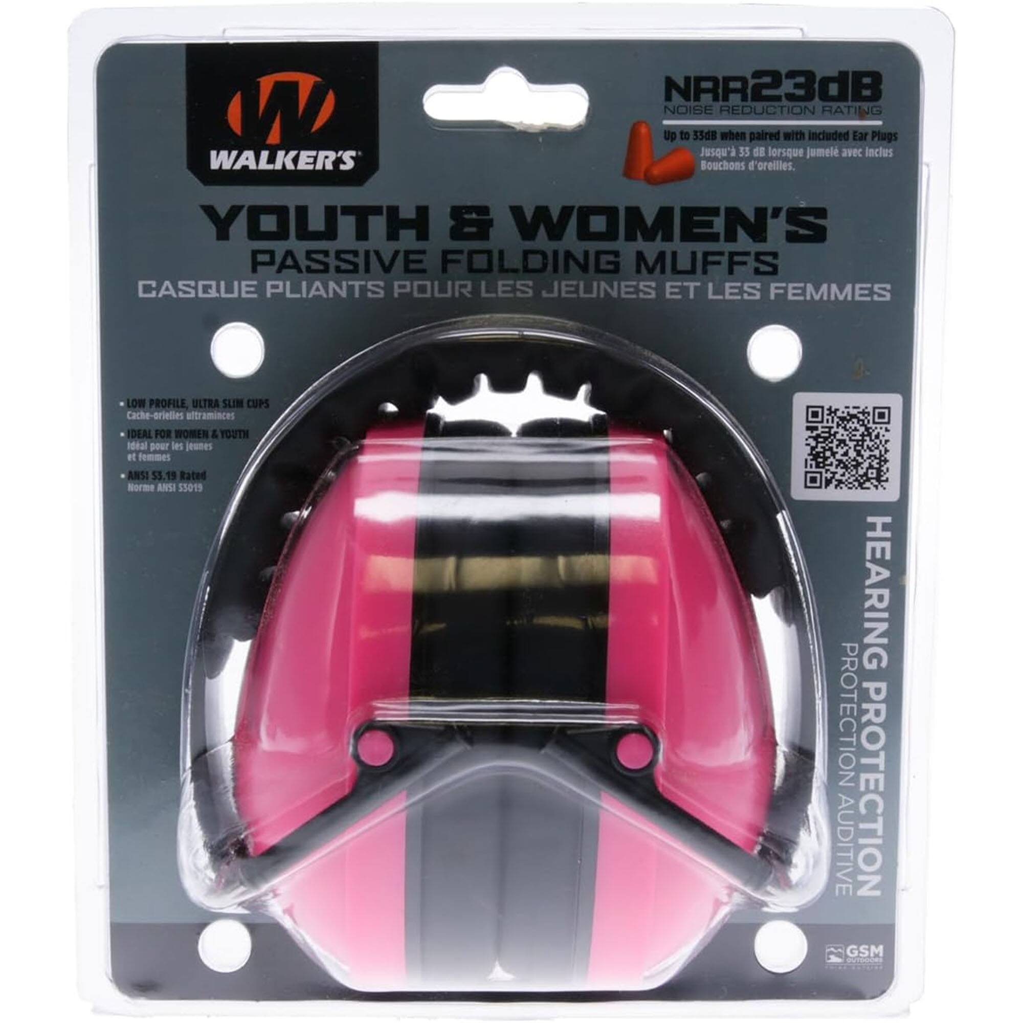 NRR23dB NOISE REDUCTION RATING

WALKER'S

YOUTH & WOMEN'S PASSIVE FOLDING MUFFS
CASQUE PLIANTS POUR LES JEUNES ET LES FEMMES

Up to 55dB when paired with included Ear Plugs
Jusqu'à 55 dB lorsque jumelé avec inclus Bouchons d'oreilles

LOW PROFILE, ULTRA SLIM CUPS
Cache-oreilles ultra minces

DEAL FOR WOMEN & YOUTH
Ideal pour les jeunes et femmes

ANSI S3.19 Rated
Norme ANSI S3.19

HEARING PROTECTION
AUDITIVE PROTECTION

GSM
